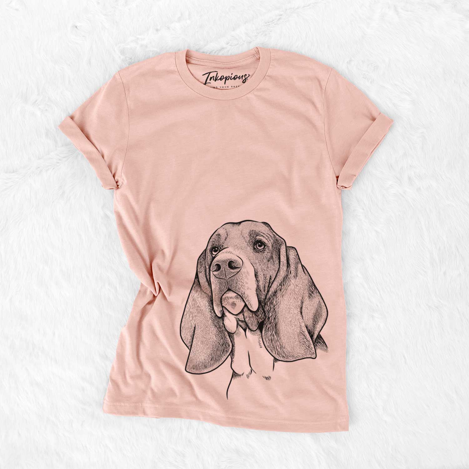 Hand-drawn sketch of Cooper the Basset Hound on a Peach Bella Canvas Unisex Crewneck