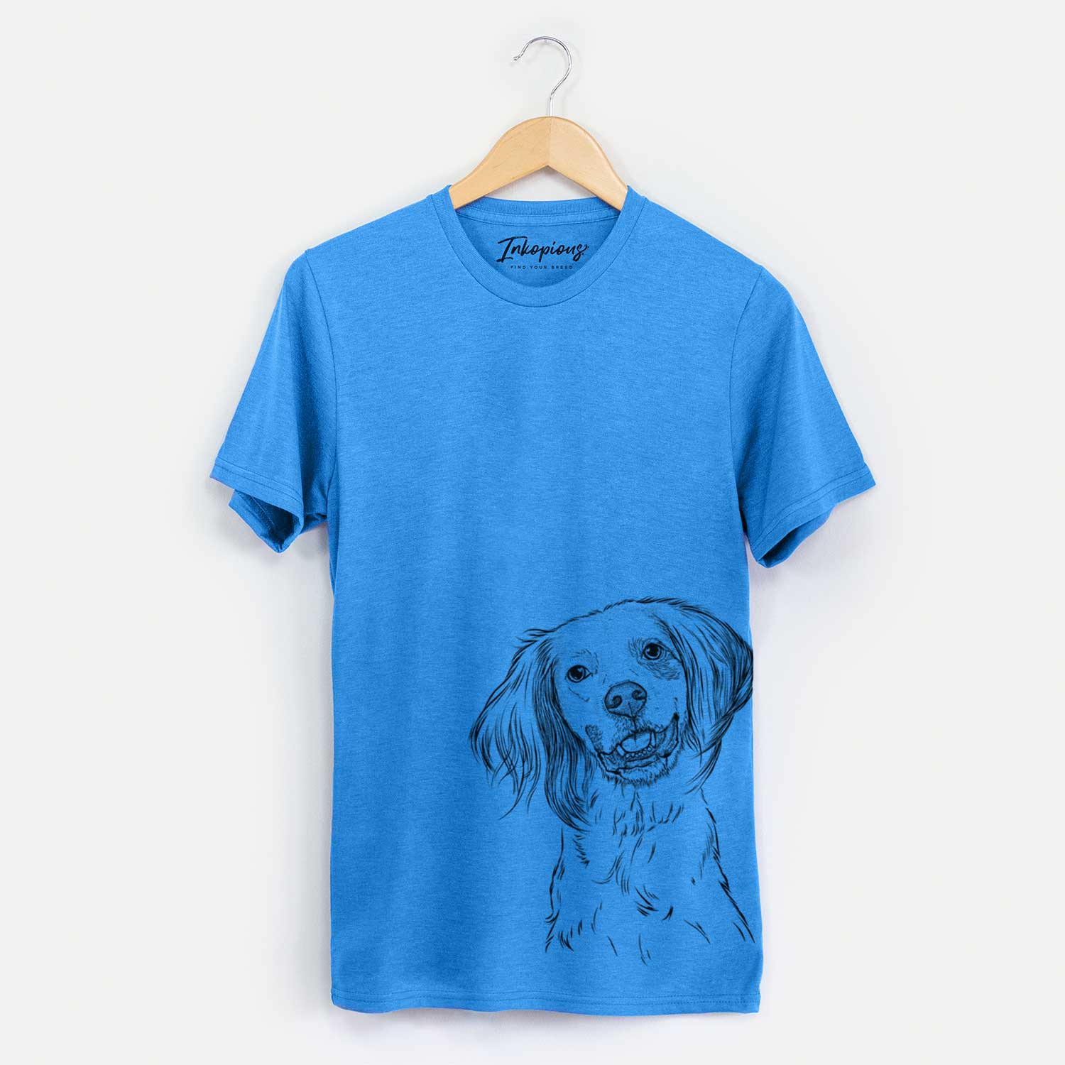 Hand-drawn sketch of Cooper the English Setter on a Blue Unisex crewneck