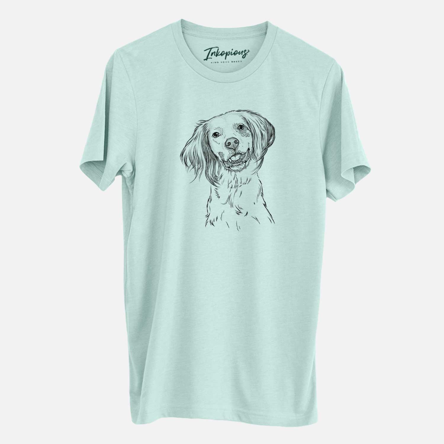 Hand-drawn sketch of Cooper the English Setter on a Heather Sage Unisex crewneck
