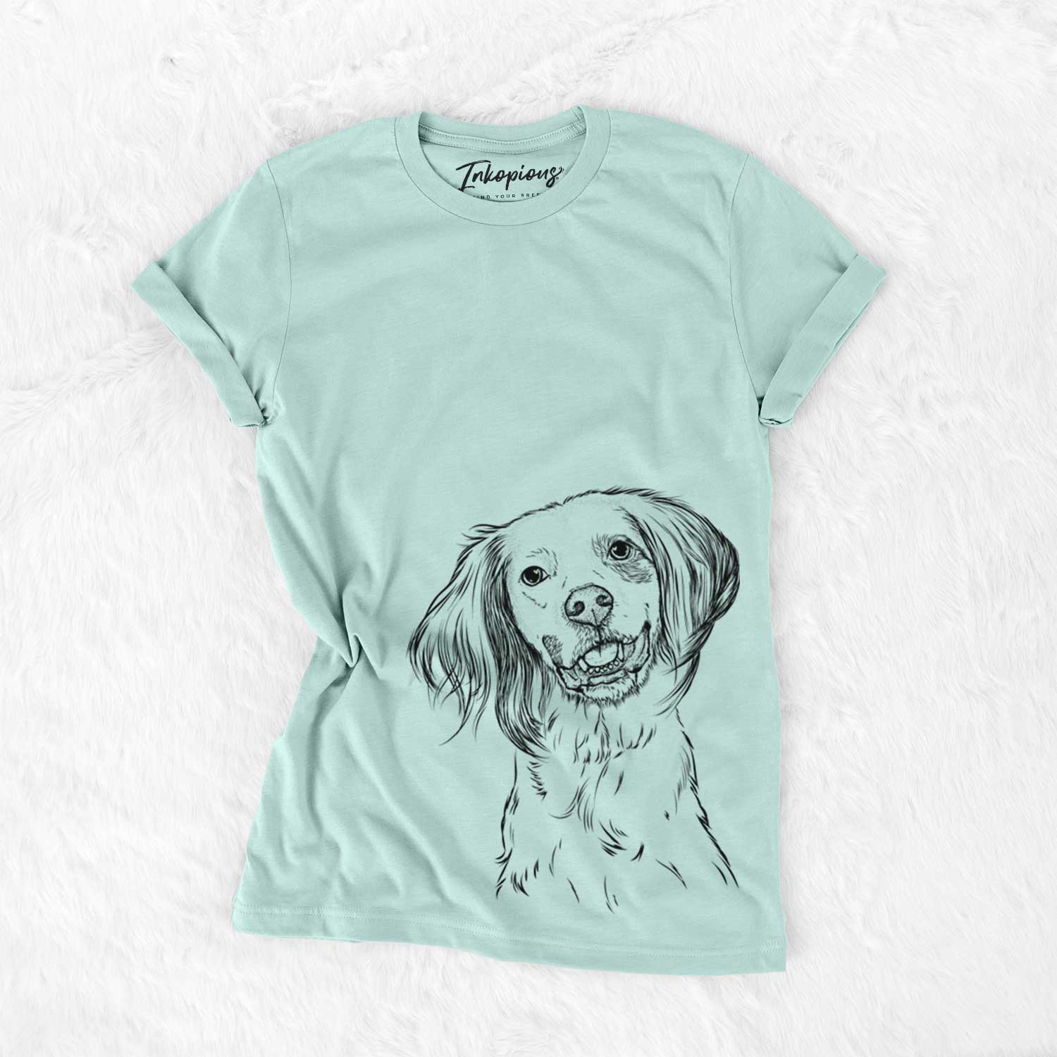 Hand-drawn sketch of Cooper the English Setter on a Heather Sage Bella Canvas Unisex Crewneck