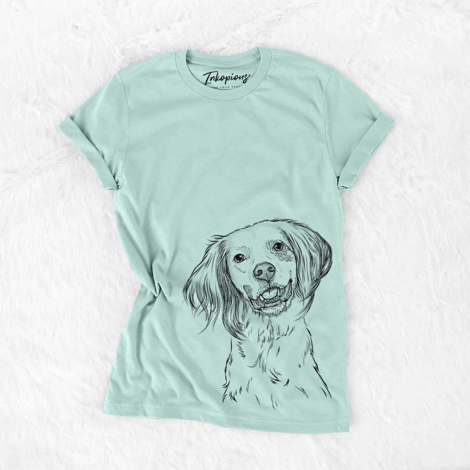 Hand-drawn sketch of Cooper the English Setter on a Heather Sage Unisex crewneck