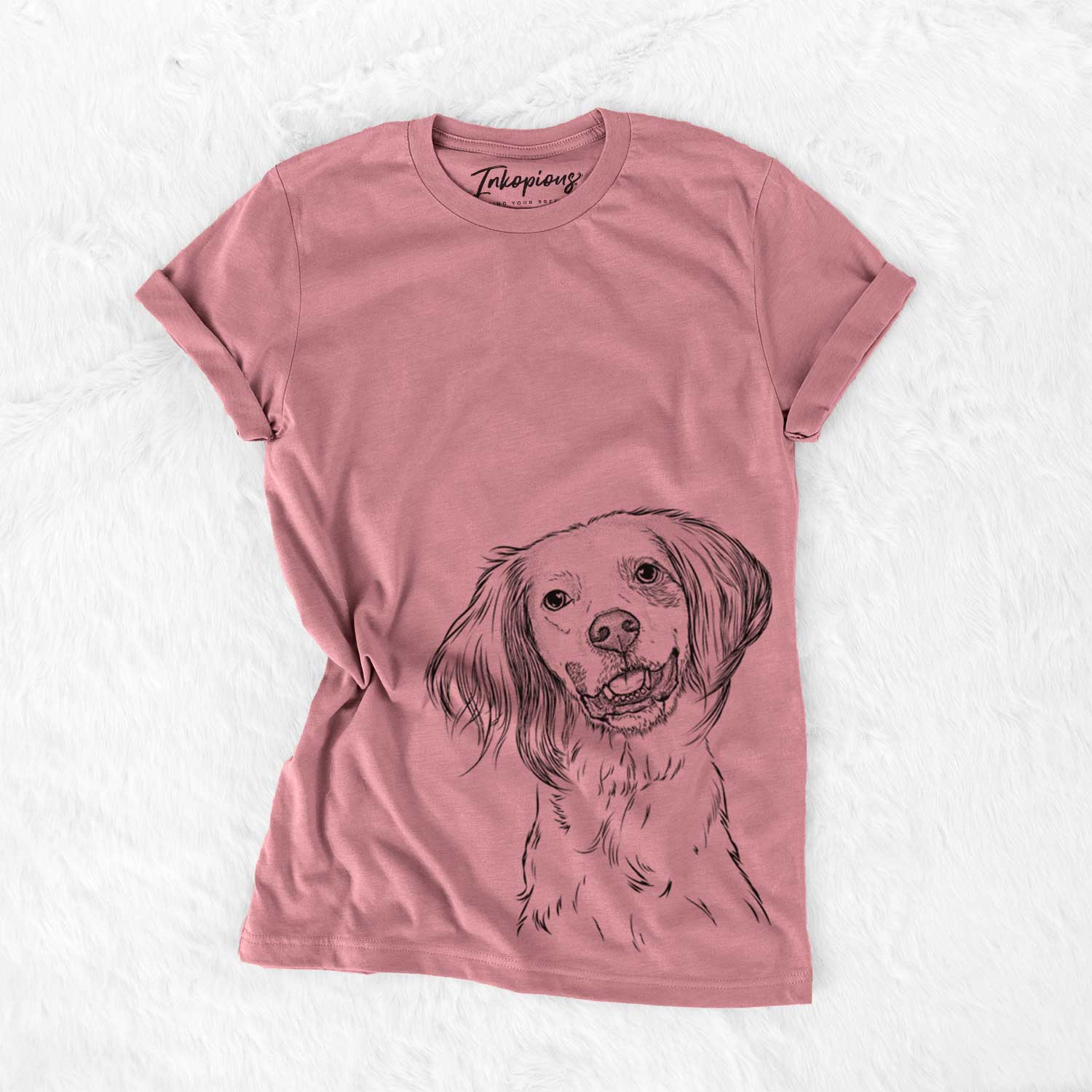 Hand-drawn sketch of Cooper the English Setter on a Mauve Unisex crewneck