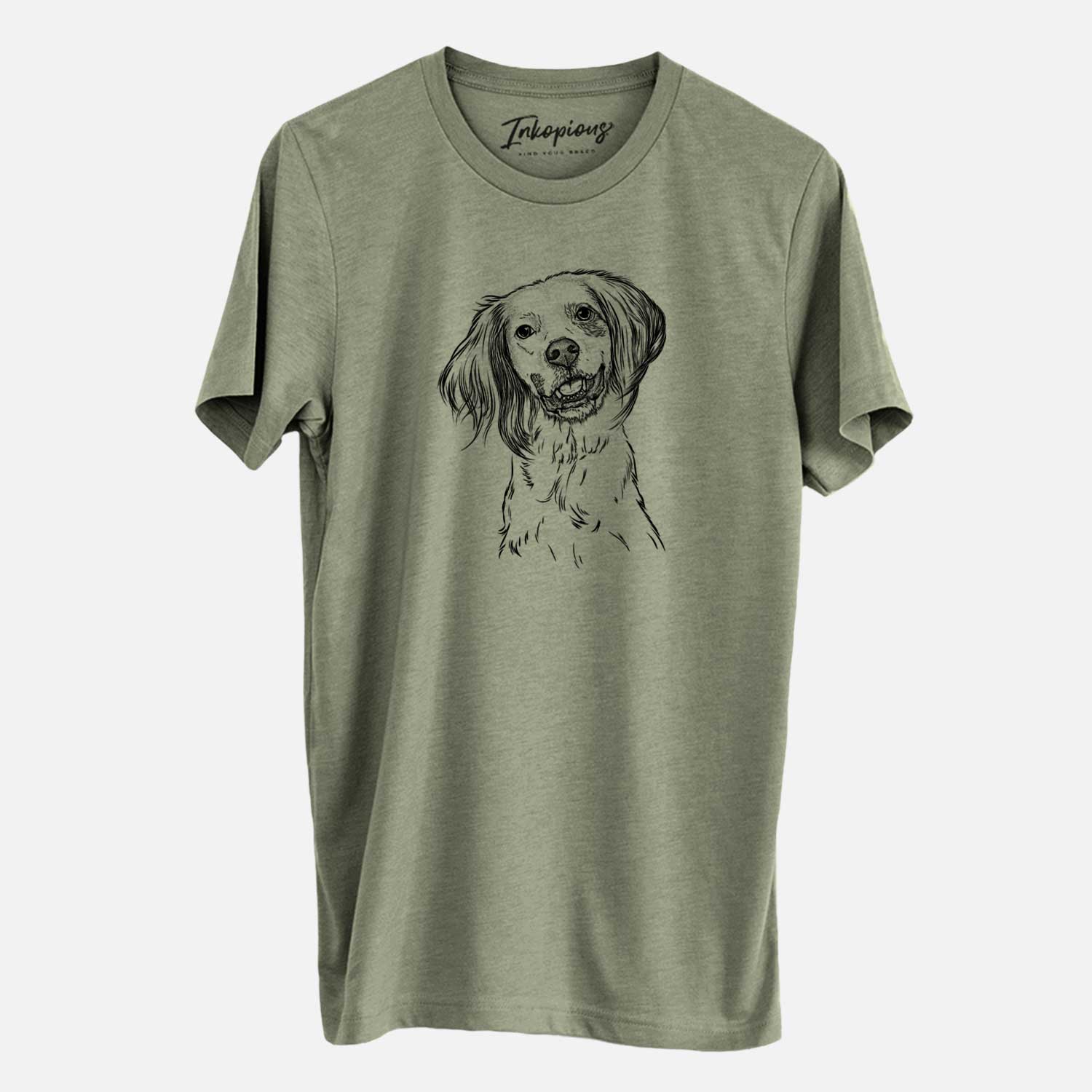 Hand-drawn sketch of Cooper the English Setter on an Olive Unisex crewneck