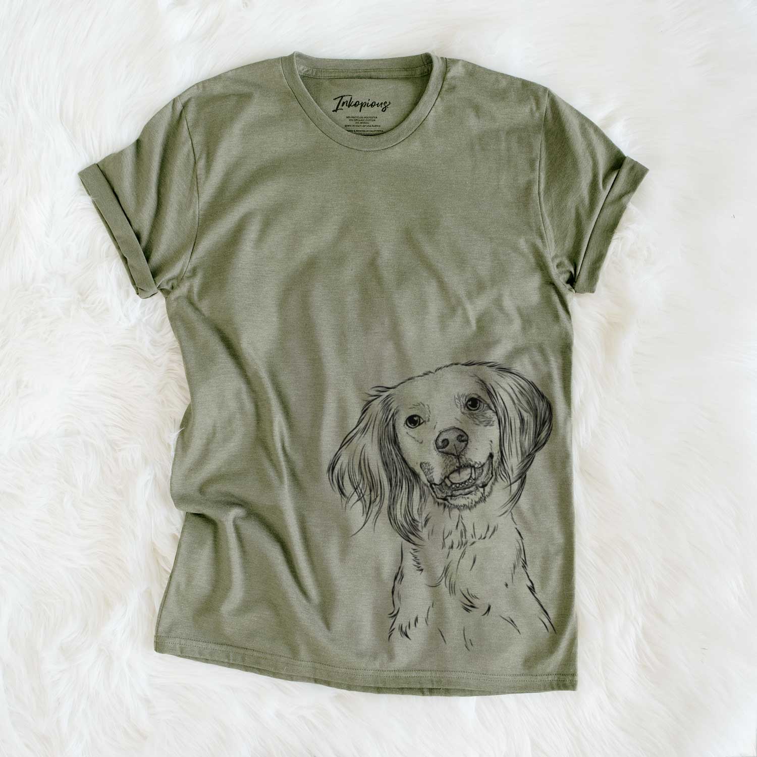 Hand-drawn sketch of Cooper the English Setter on an Olive Unisex crewneck
