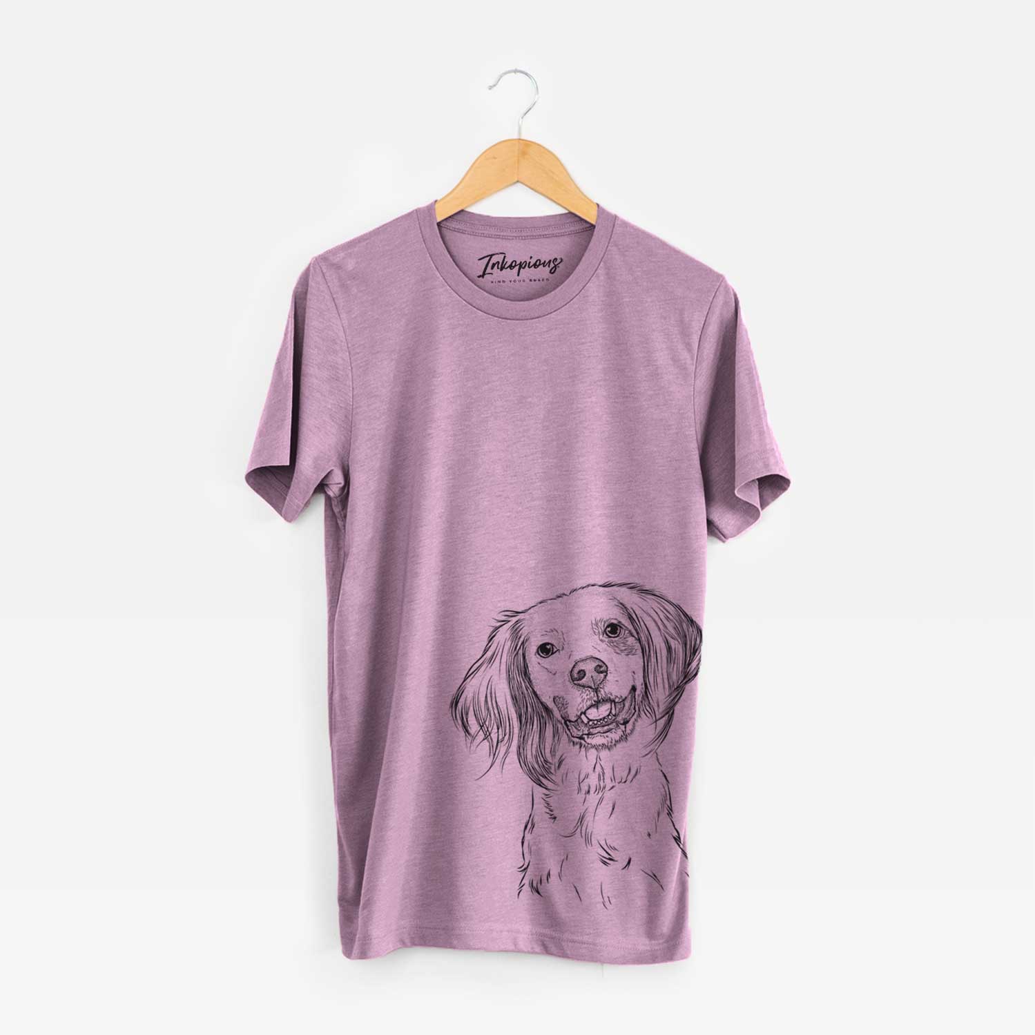 Hand-drawn sketch of Cooper the English Setter on an Orchid Unisex crewneck