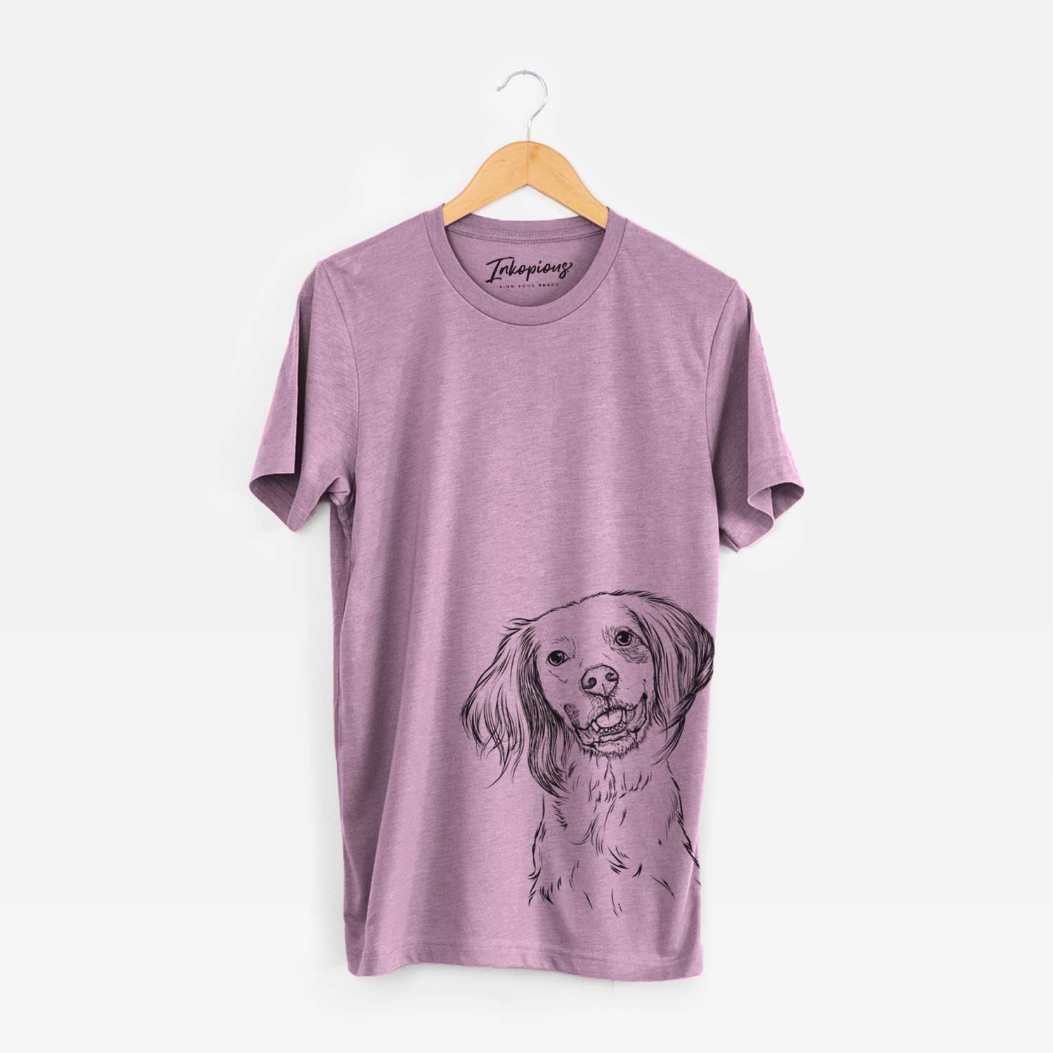 Hand-drawn sketch of Cooper the English Setter on an Orchid Bella Canvas Unisex Crewneck