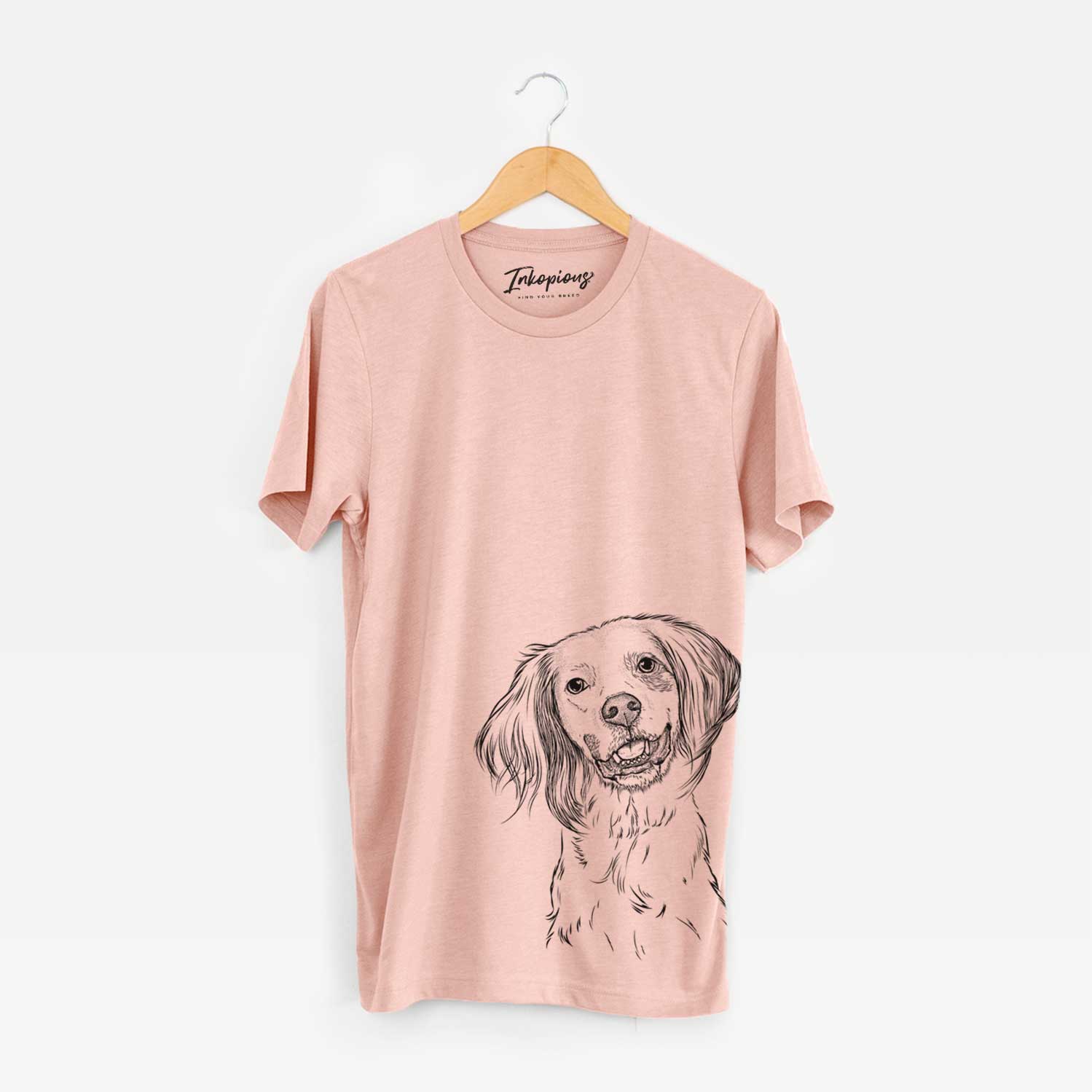 Hand-drawn sketch of Cooper the English Setter on a Peach Unisex crewneck