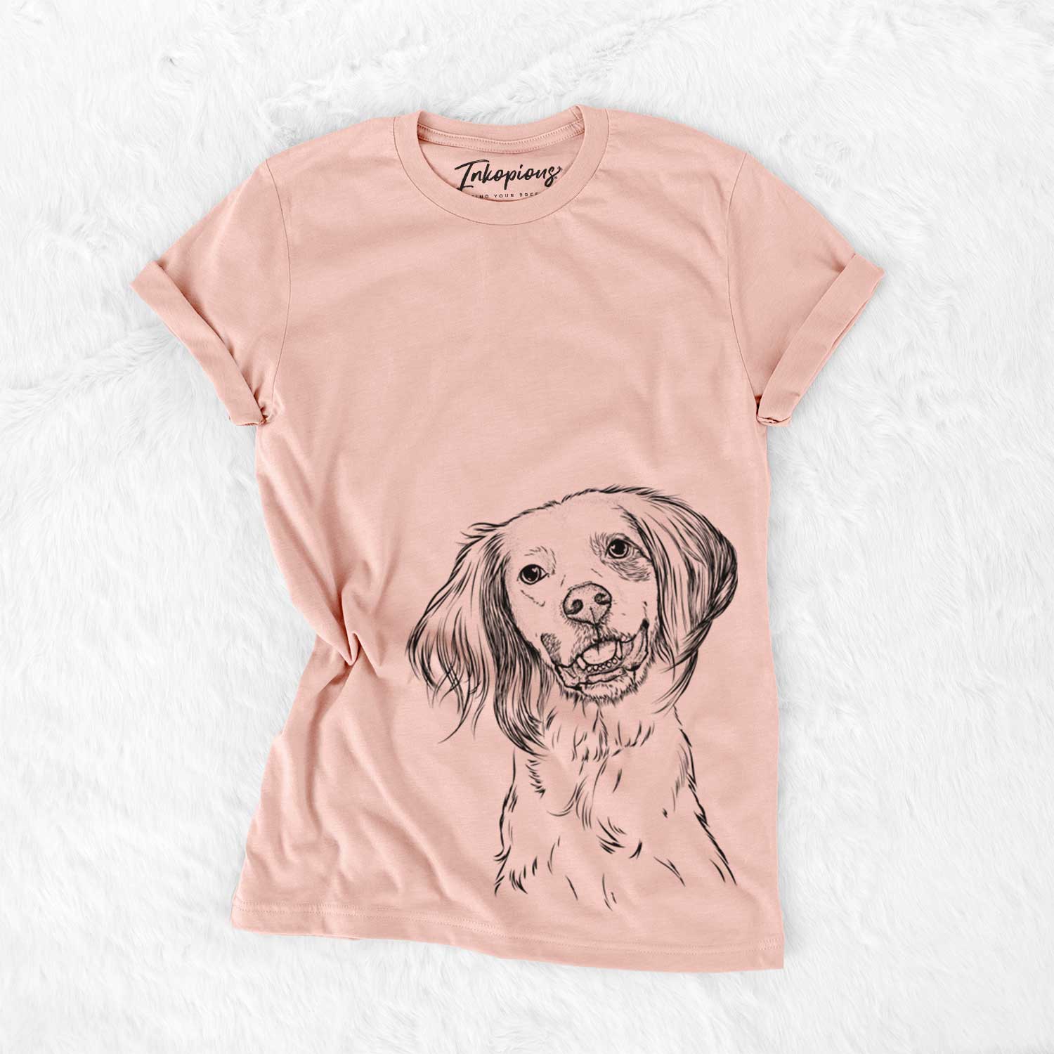 Hand-drawn sketch of Cooper the English Setter on a Peach Bella Canvas Unisex Crewneck