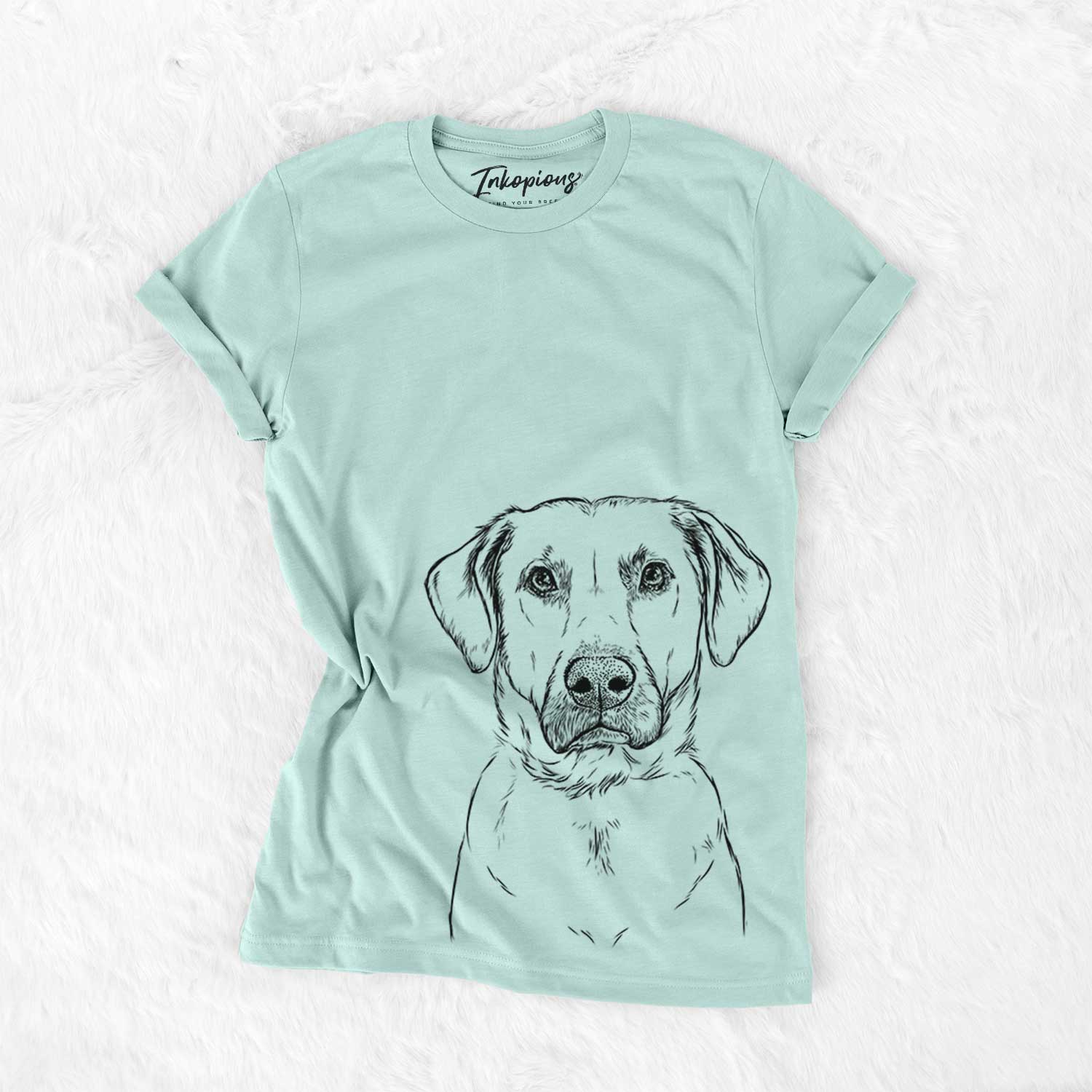 Hand-drawn sketch of Cooper Griffin the Mixed Breed on a Heather Sage Bella Canvas Unisex Crewneck