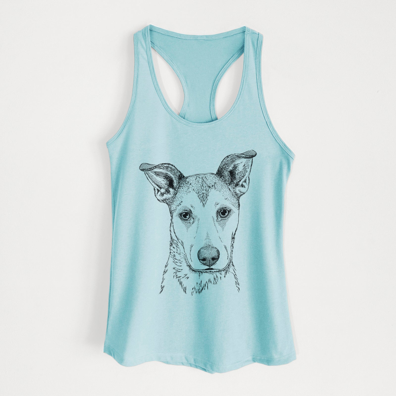 Hand-drawn sketch of Coral the Mixed Breed on a Cancun Blue Women's racerback tanktop