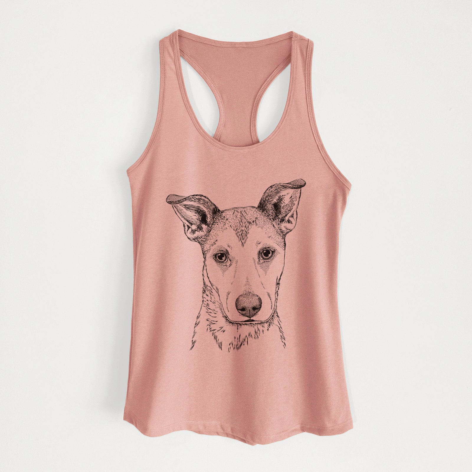 Hand-drawn sketch of Coral the Mixed Breed on a Desert Pink Women's racerback tanktop