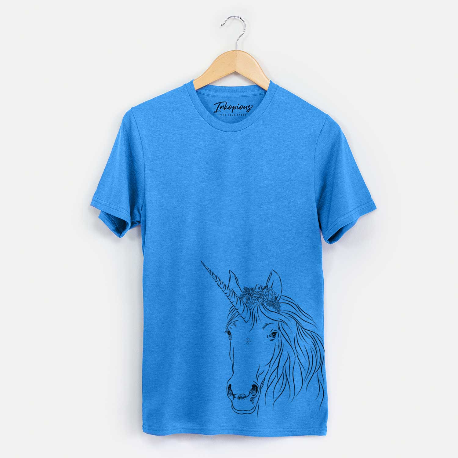 Hand-drawn sketch of Cosmic the Unicorn on a Blue Unisex crewneck