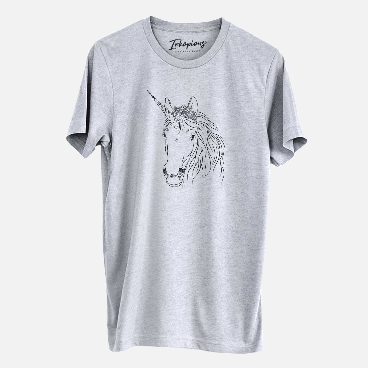 Hand-drawn sketch of Cosmic the Unicorn on a Grey Unisex crewneck