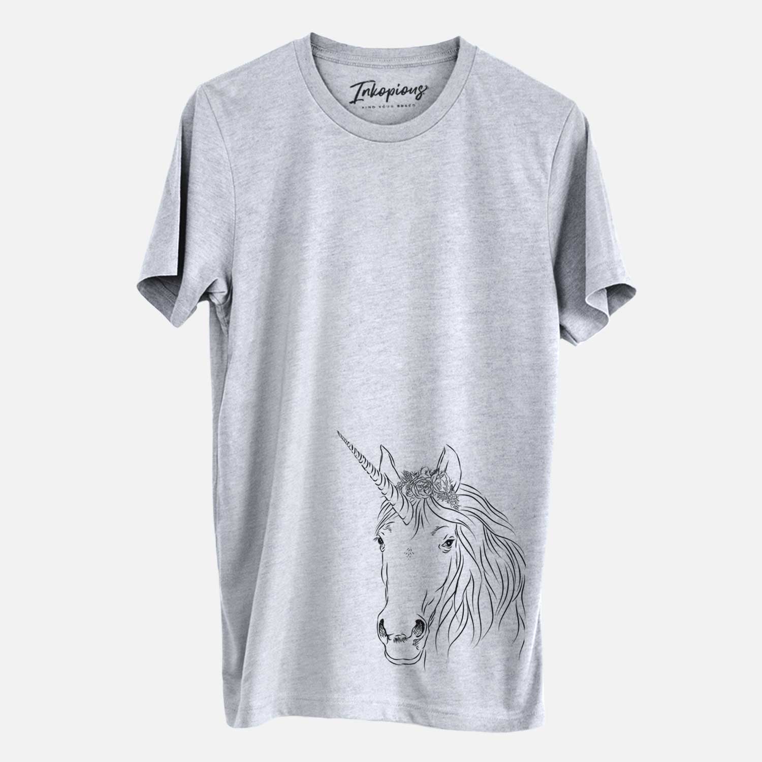 Hand-drawn sketch of Cosmic the Unicorn on a Grey Unisex crewneck