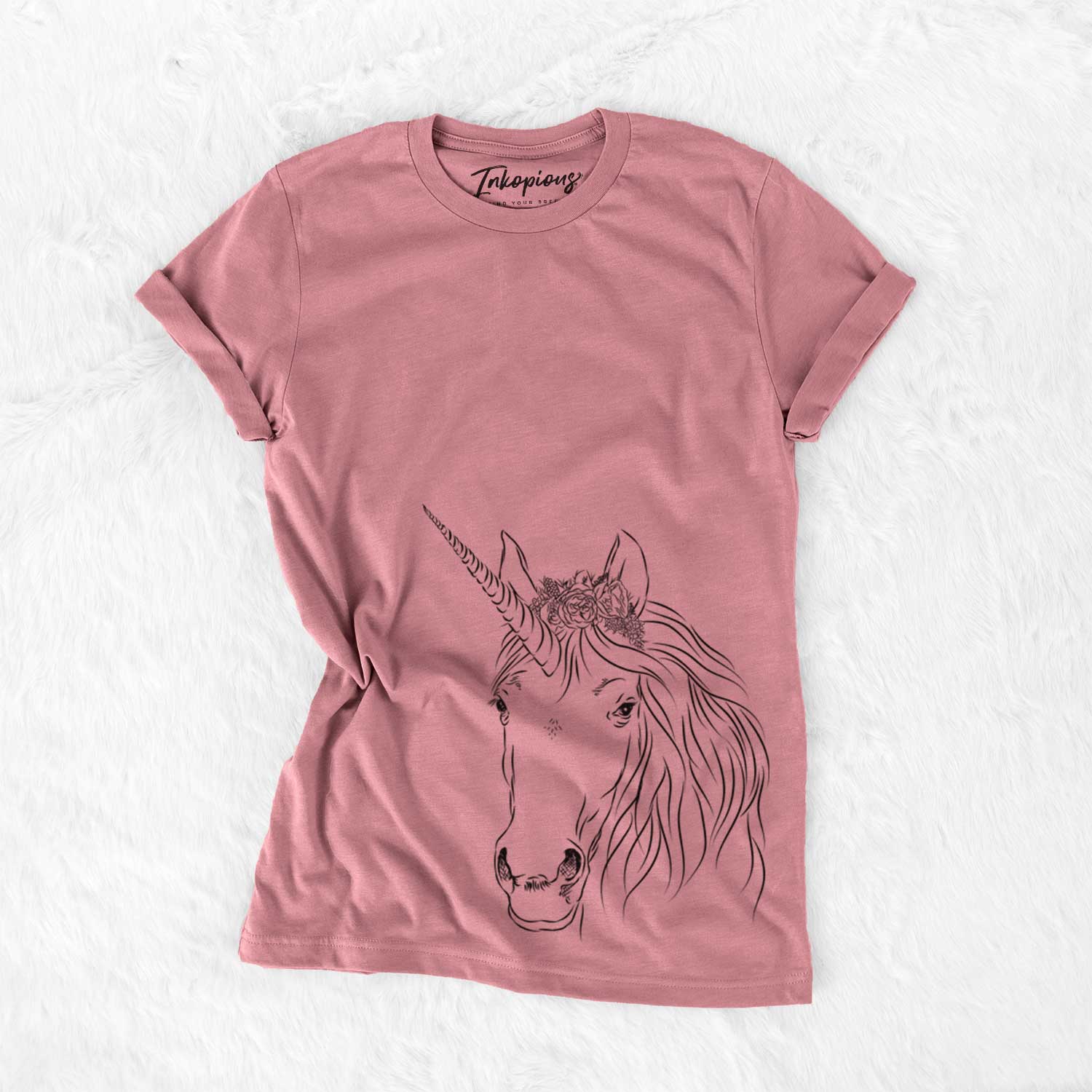 Hand-drawn sketch of Cosmic the Unicorn on a Mauve Unisex crewneck