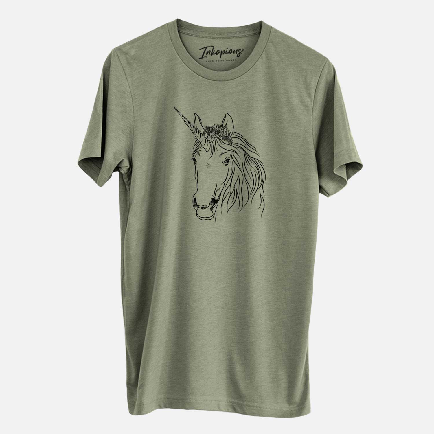 Hand-drawn sketch of Cosmic the Unicorn on an Olive Unisex crewneck
