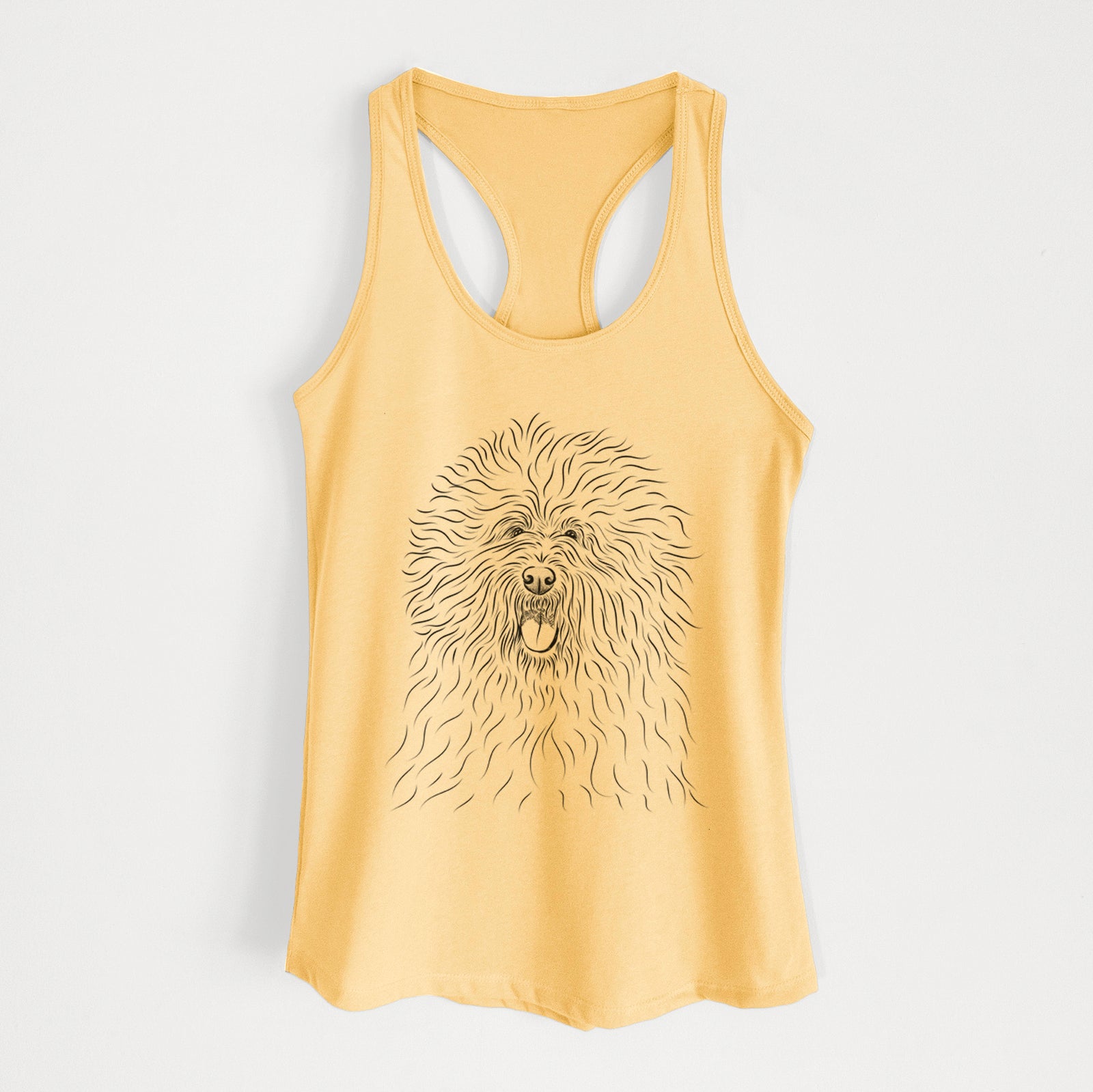 Hand-drawn sketch of Cozie the Old English Sheepdog on a Banana Cream Women's racerback tanktop