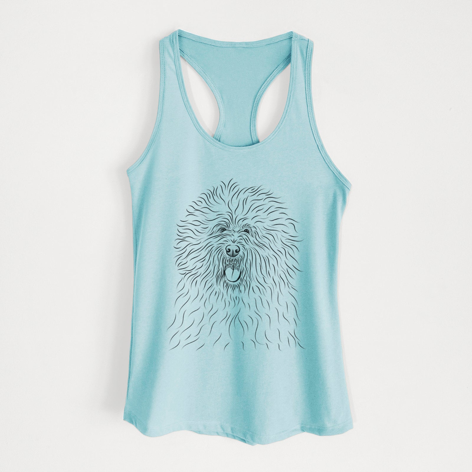 Hand-drawn sketch of Cozie the Old English Sheepdog on a Cancun Blue Women's racerback tanktop