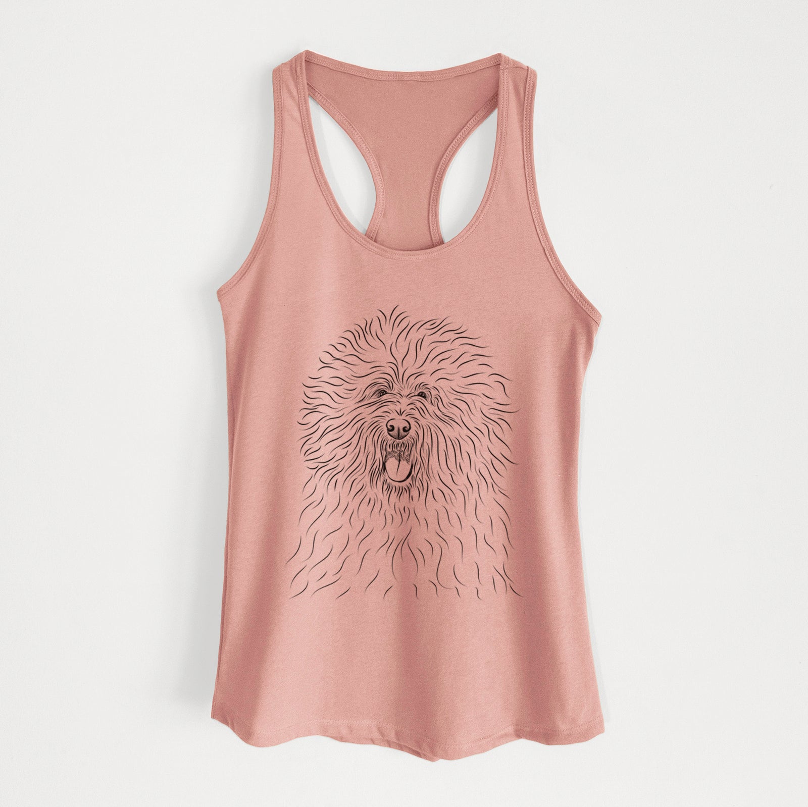 Hand-drawn sketch of Cozie the Old English Sheepdog on a Desert Pink Women's racerback tanktop