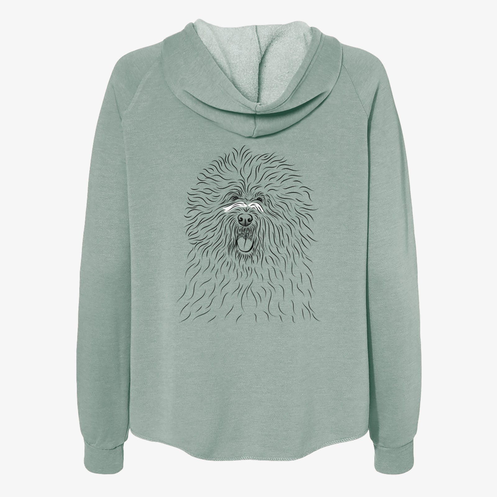 Hand-drawn sketch of Cozie the Old English Sheepdog on a Sage Women's cali wave zip-up sweatshirt