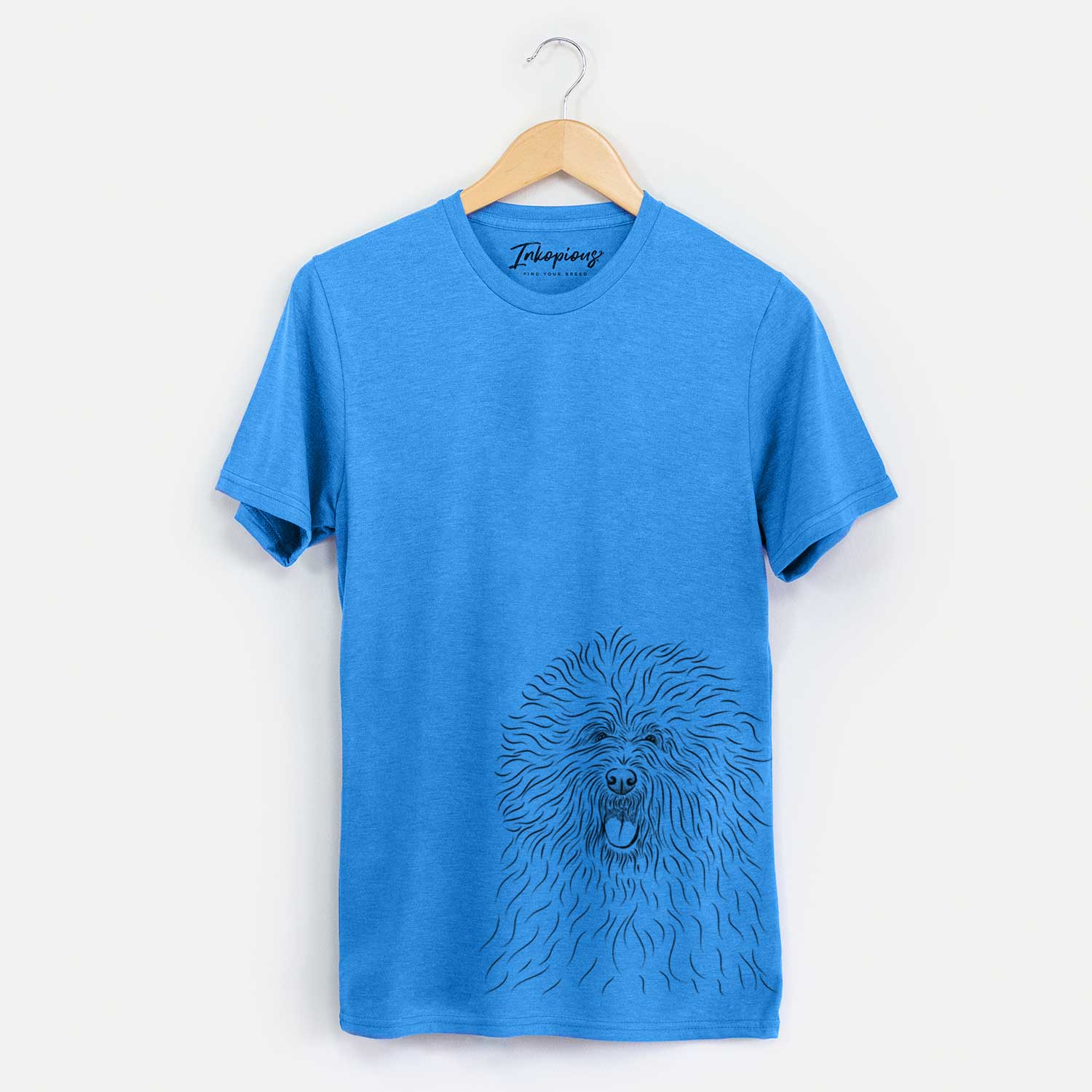 Hand-drawn sketch of Cozie the Old English Sheepdog on a Blue Unisex crewneck