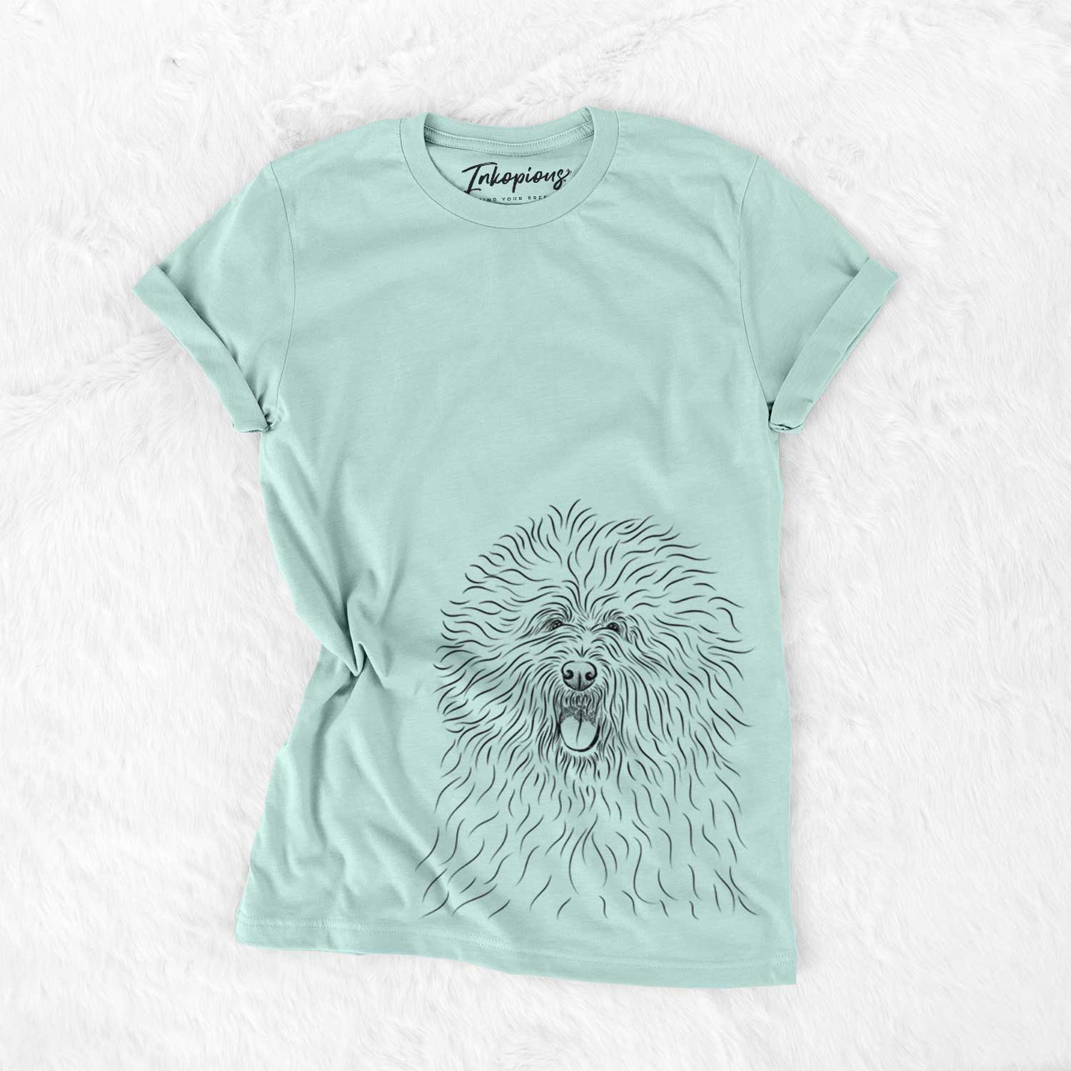 Hand-drawn sketch of Cozie the Old English Sheepdog on a Heather Sage Unisex crewneck