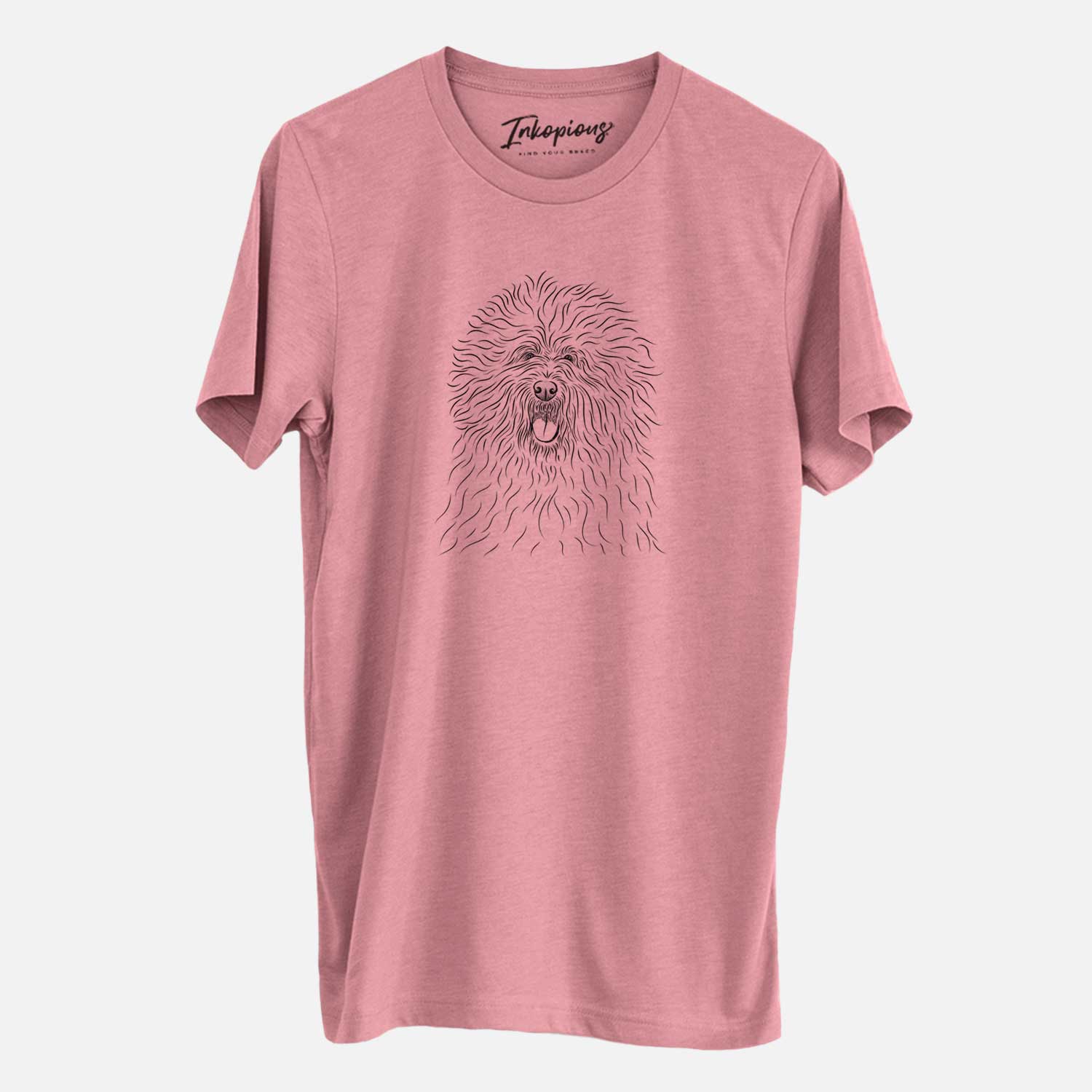 Hand-drawn sketch of Cozie the Old English Sheepdog on a Mauve Unisex crewneck