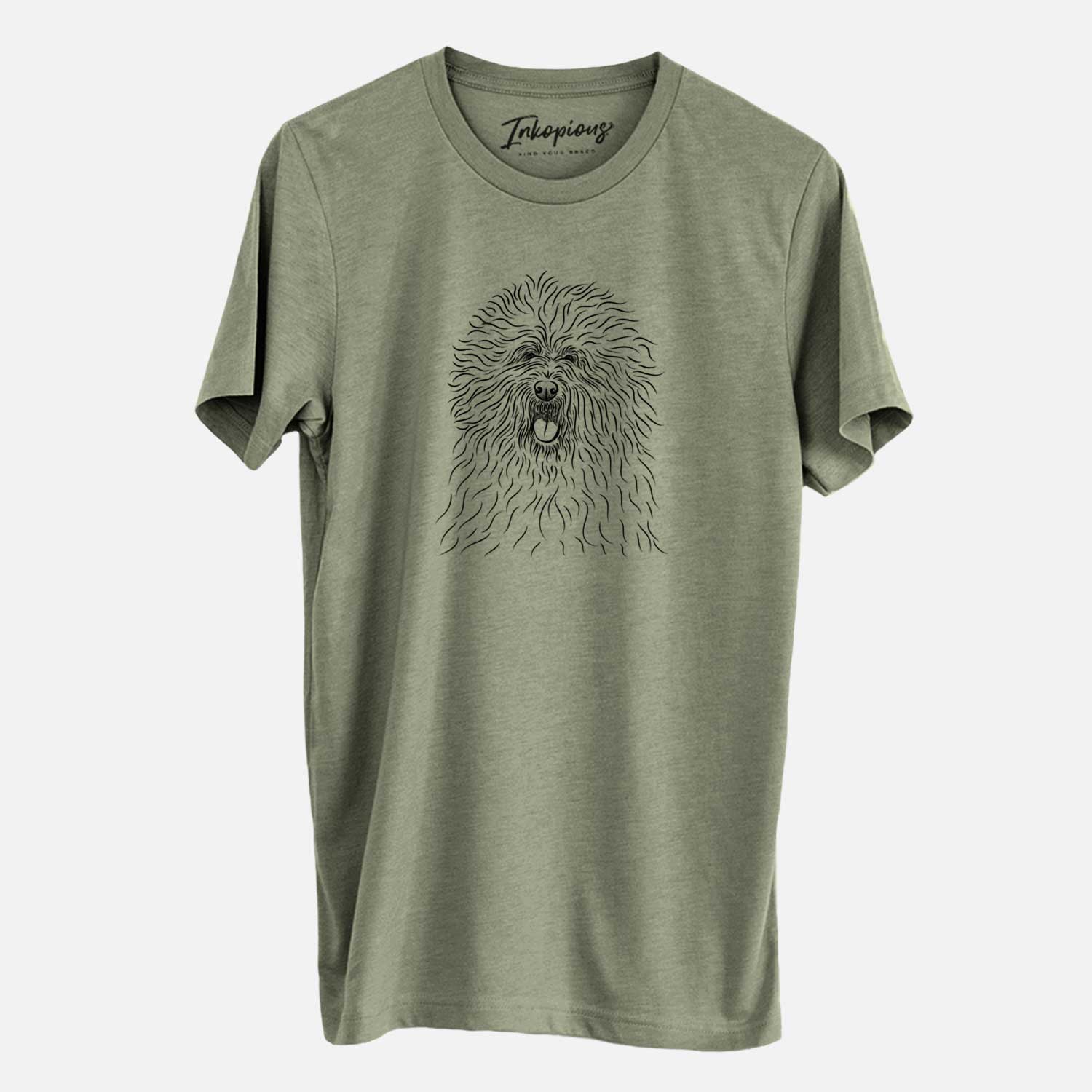 Hand-drawn sketch of Cozie the Old English Sheepdog on an Olive Unisex crewneck