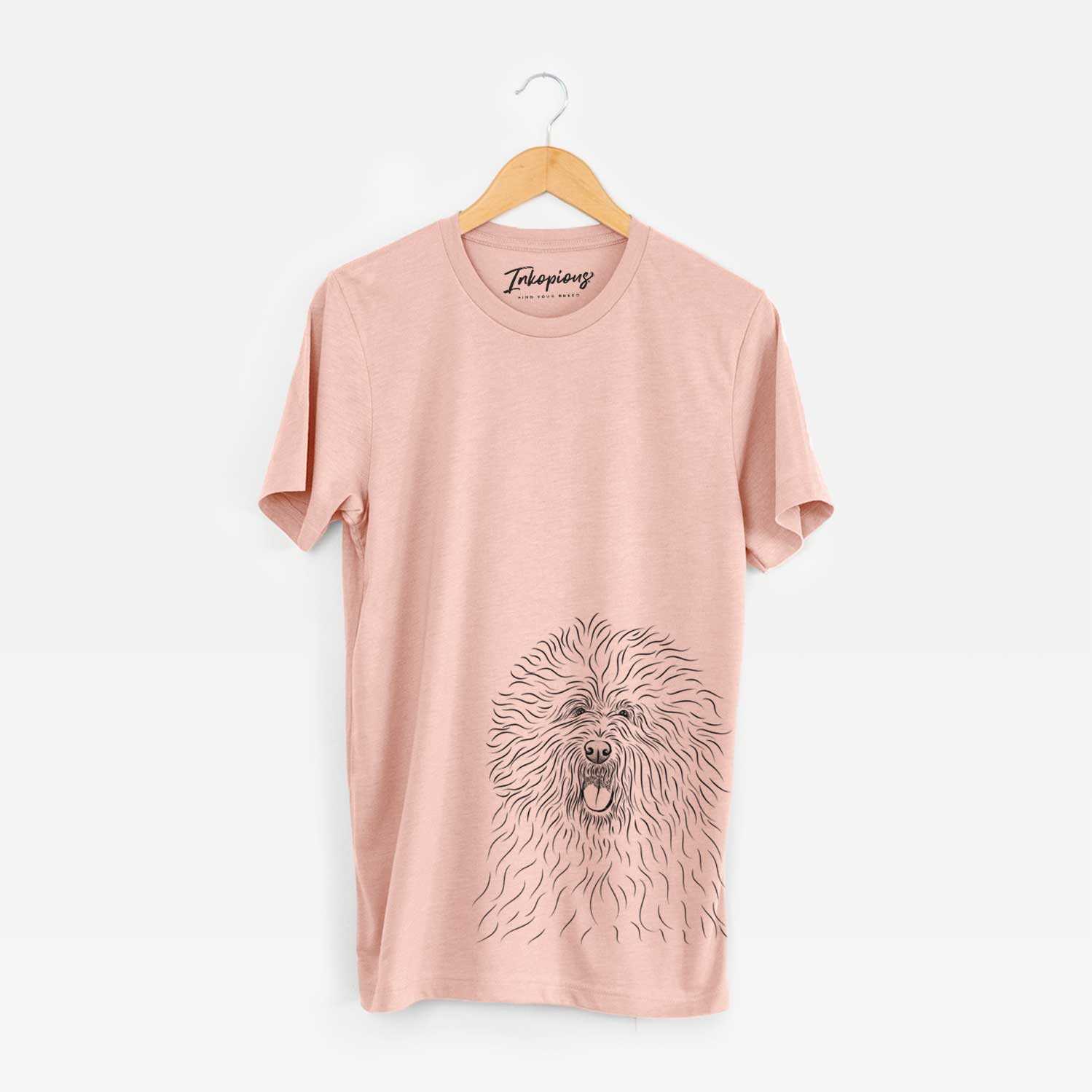 Hand-drawn sketch of Cozie the Old English Sheepdog on a Peach Unisex crewneck