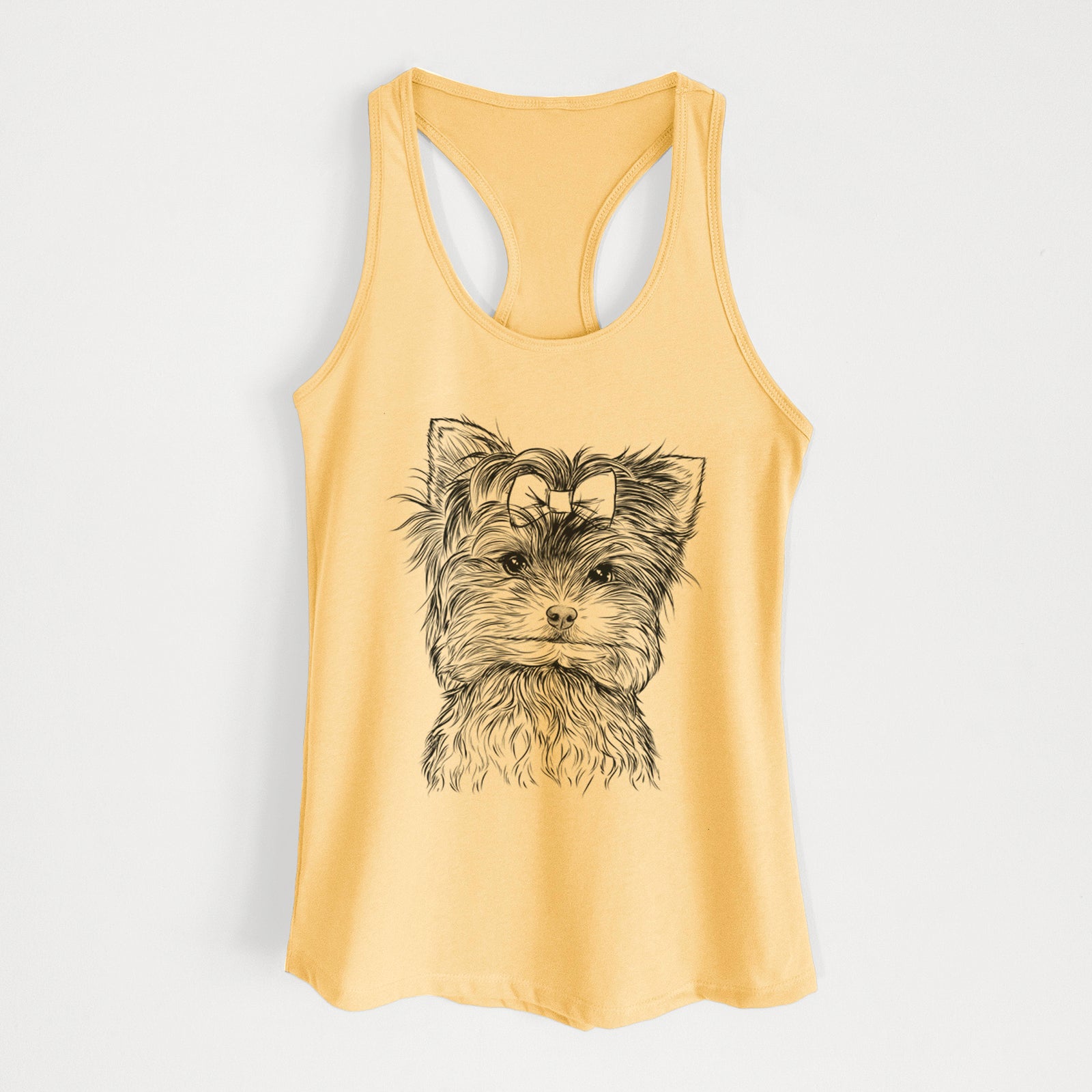 Hand-drawn sketch of Cricket the Biewer Terrier on a Banana Cream Women's racerback tanktop