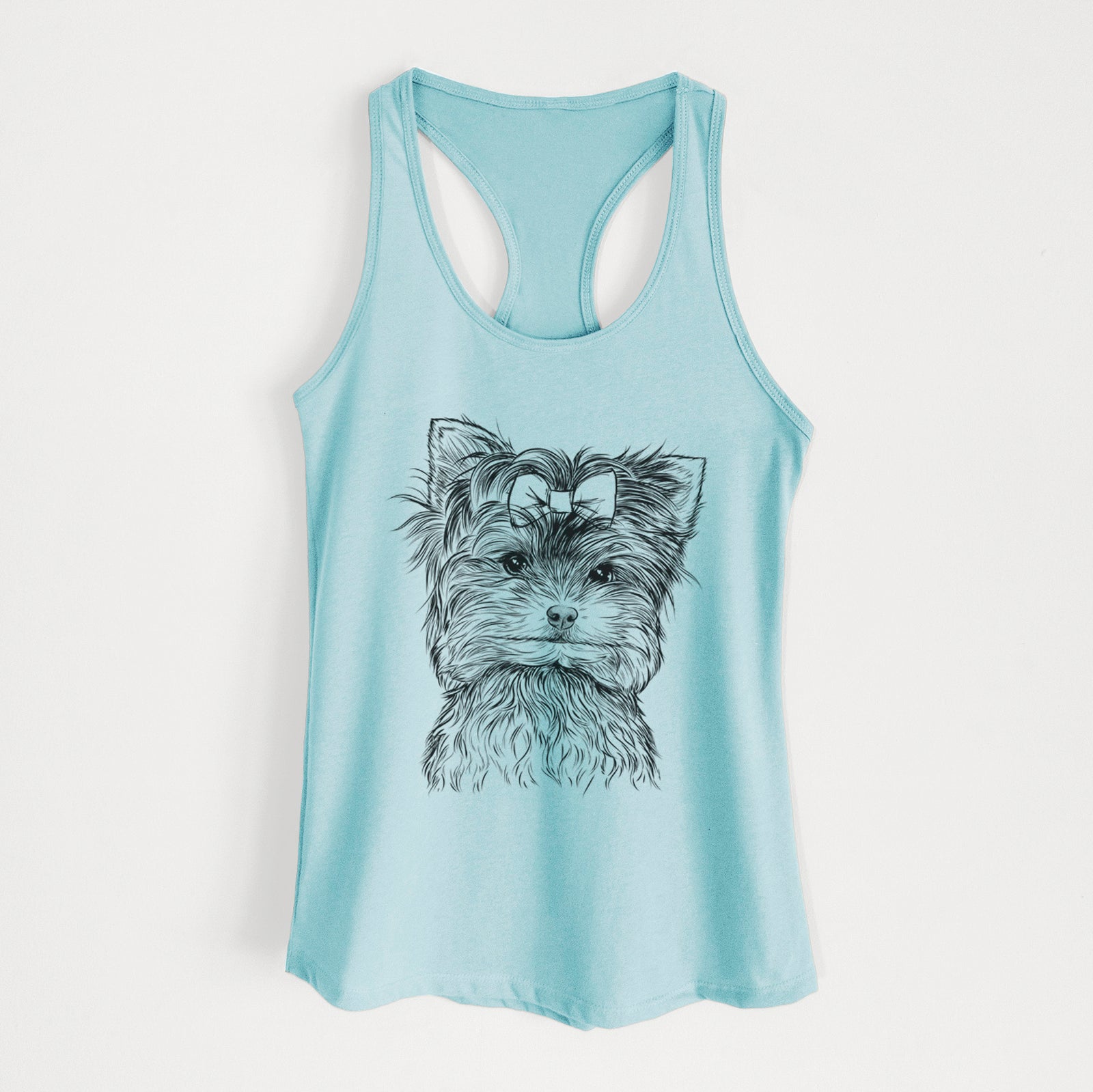Hand-drawn sketch of Cricket the Biewer Terrier on a Cancun Blue Women's racerback tanktop