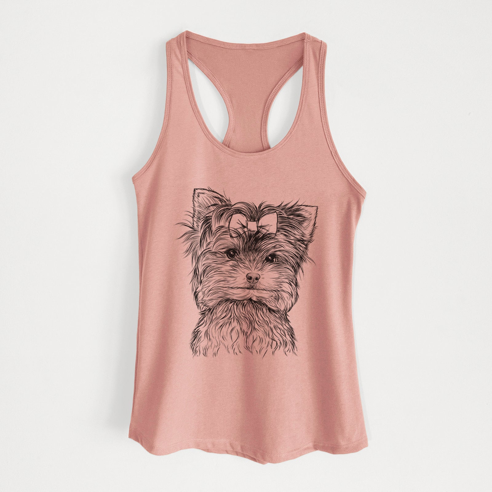 Hand-drawn sketch of Cricket the Biewer Terrier on a Desert Pink Women's racerback tanktop