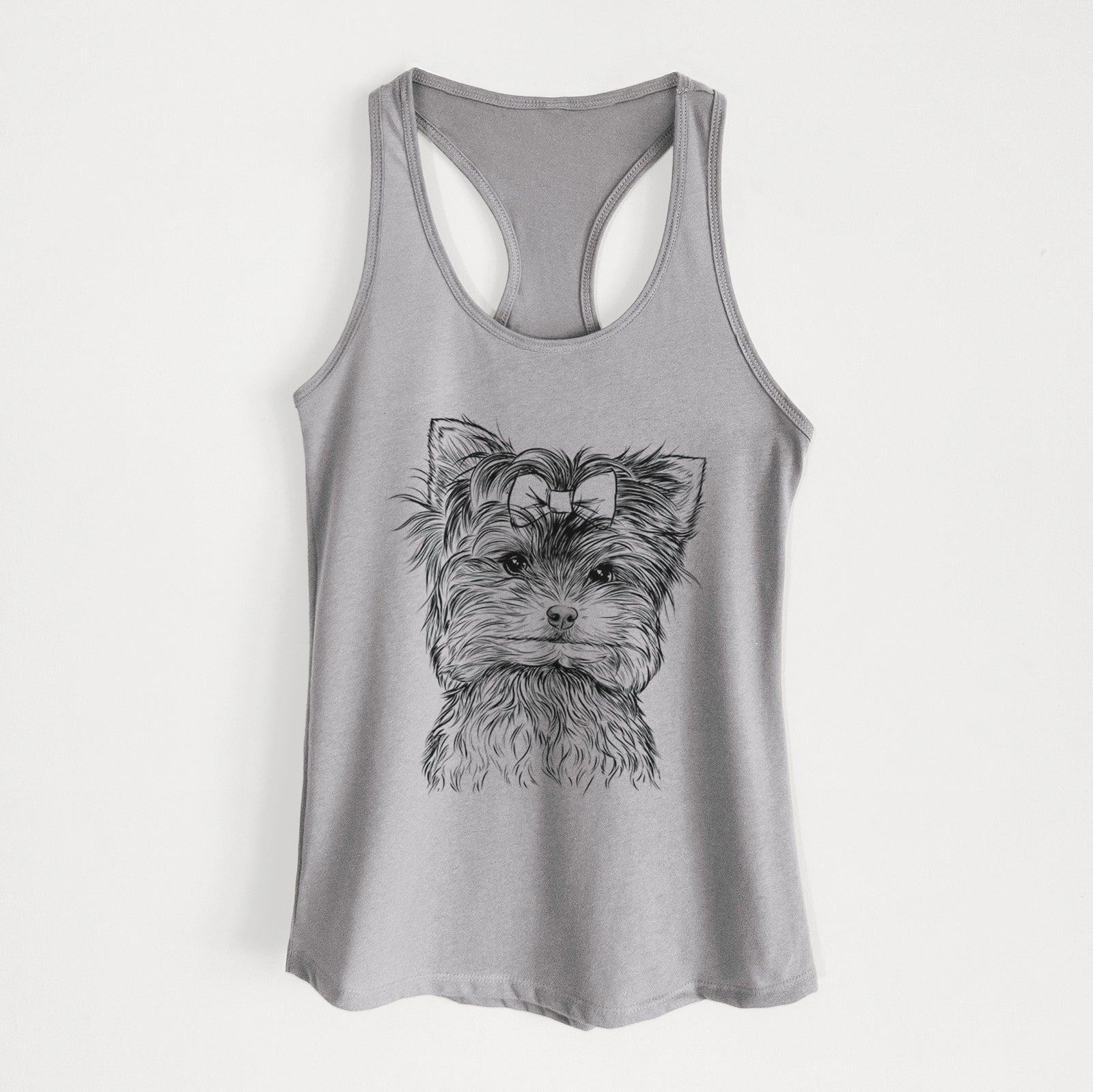 Hand-drawn sketch of Cricket the Biewer Terrier on a Heather Grey Women's racerback tanktop