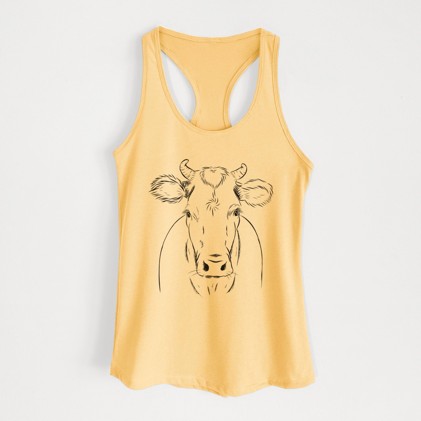 Hand-drawn sketch of Cruz the Cow on a Banana Cream Women's racerback tanktop