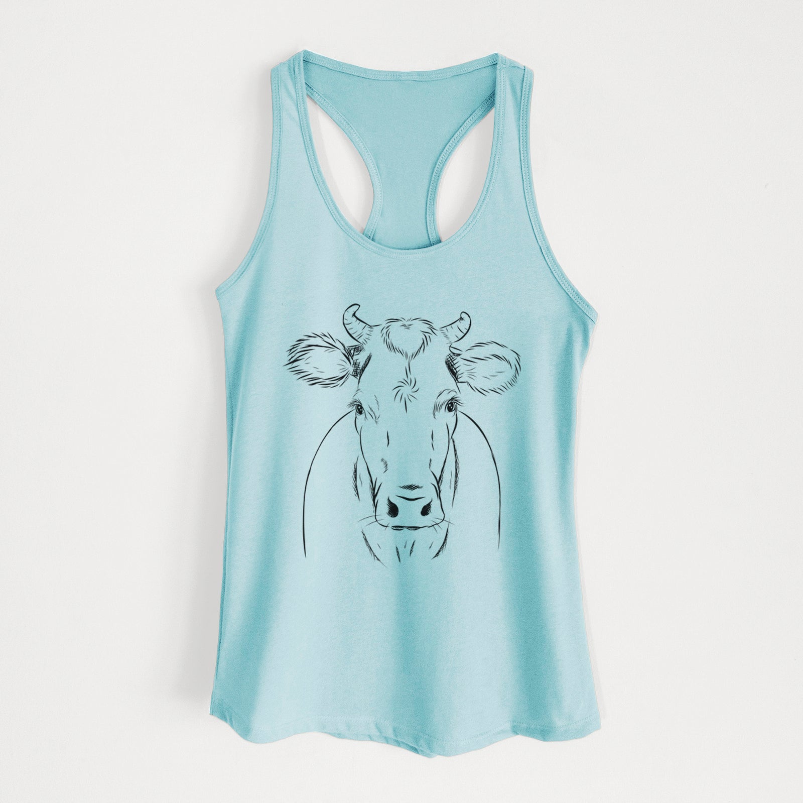 Hand-drawn sketch of Cruz the Cow on a Cancun Blue Women's racerback tanktop