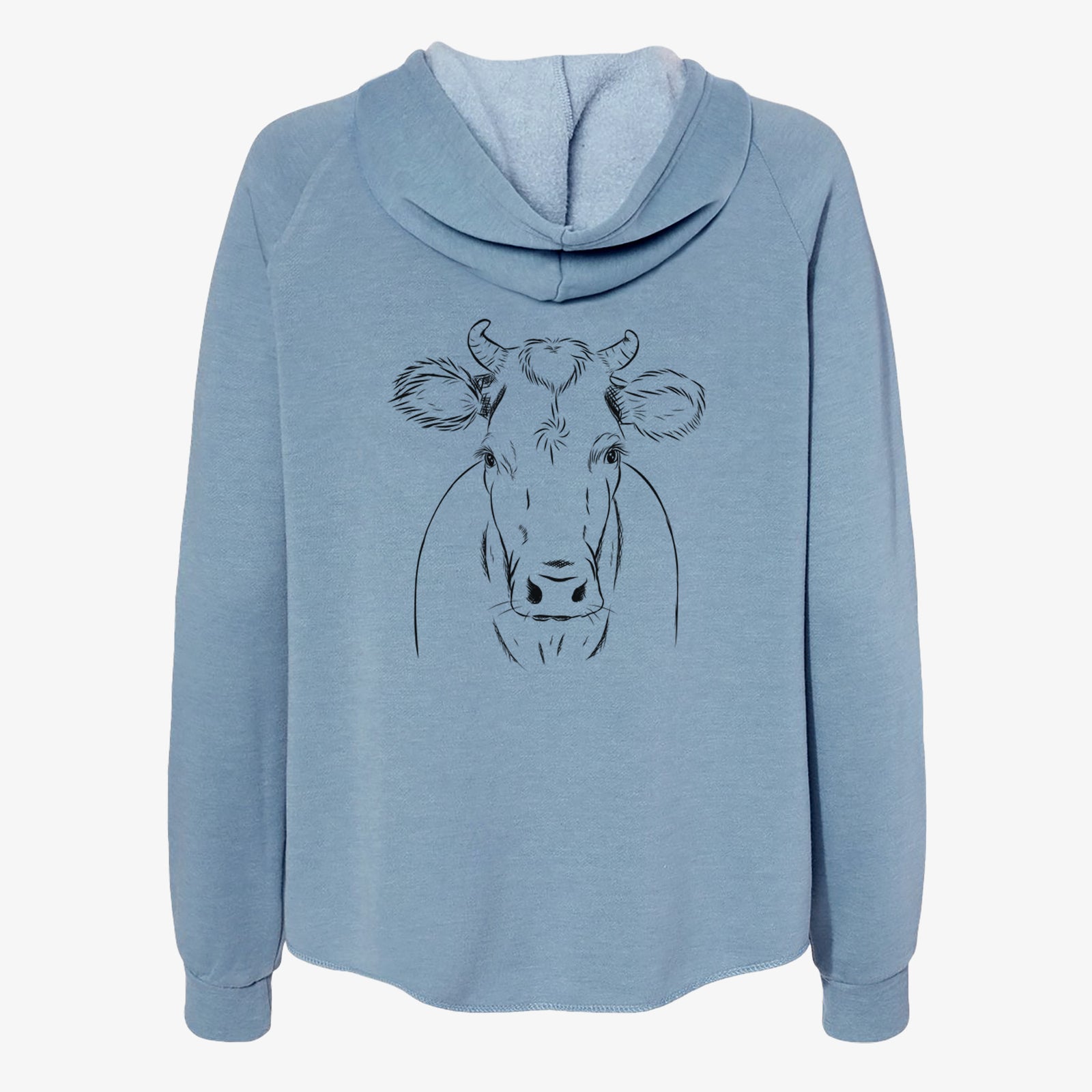 Hand-drawn sketch of Cruz the Cow on a Misty Blue Women's cali wave zip-up sweatshirt