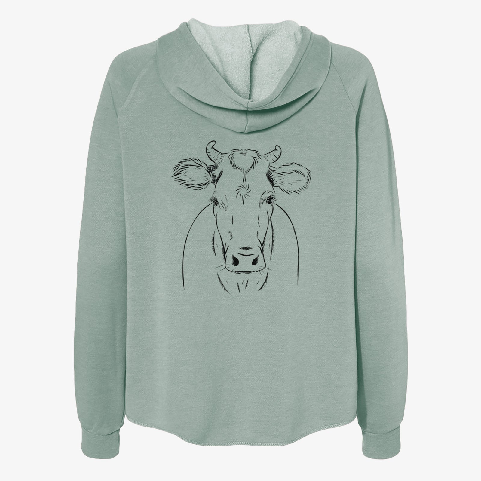 Hand-drawn sketch of Cruz the Cow on a Sage Women's cali wave zip-up sweatshirt
