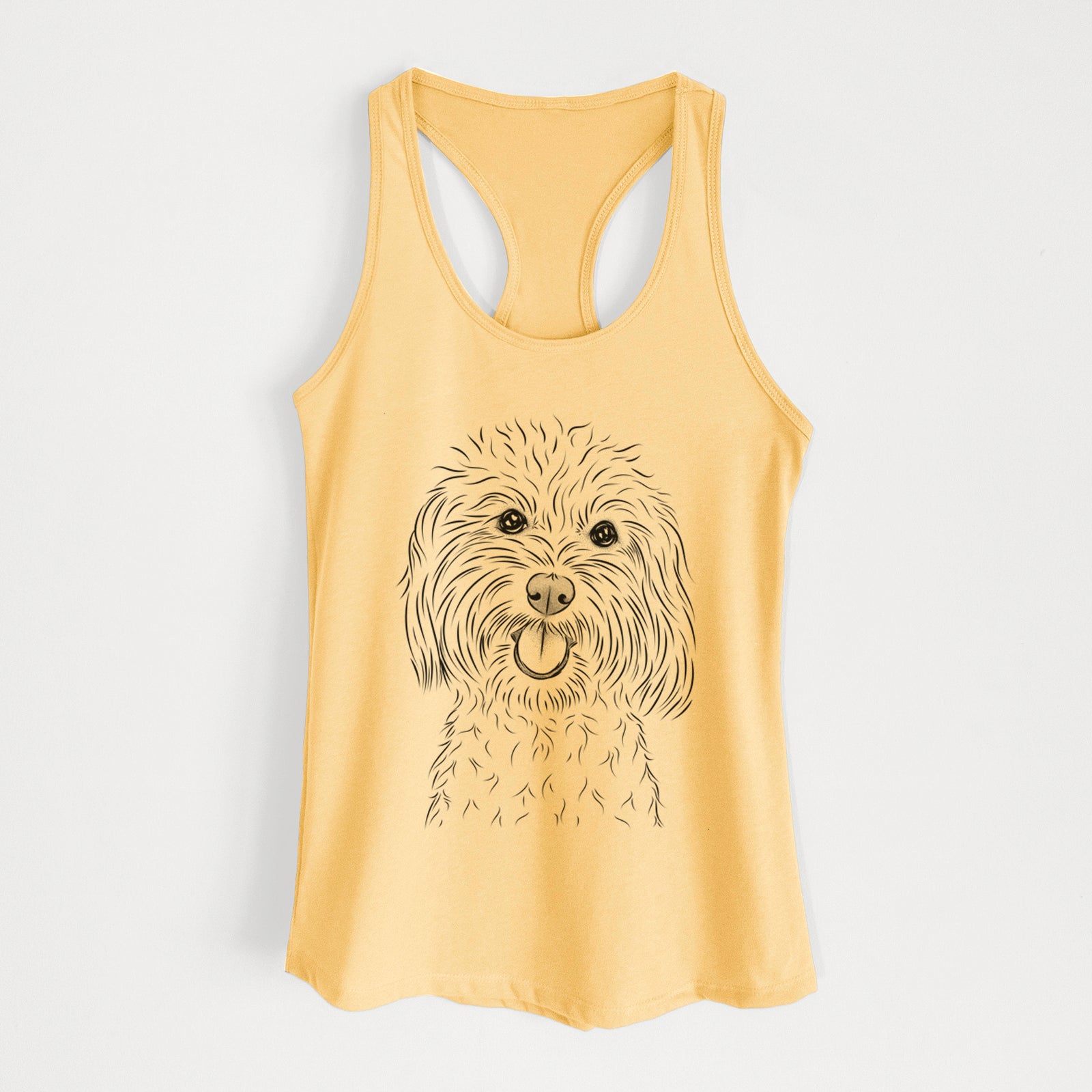 Hand-drawn sketch of Cuddles the Coton de Tulear on a Banana Cream Women's racerback tanktop
