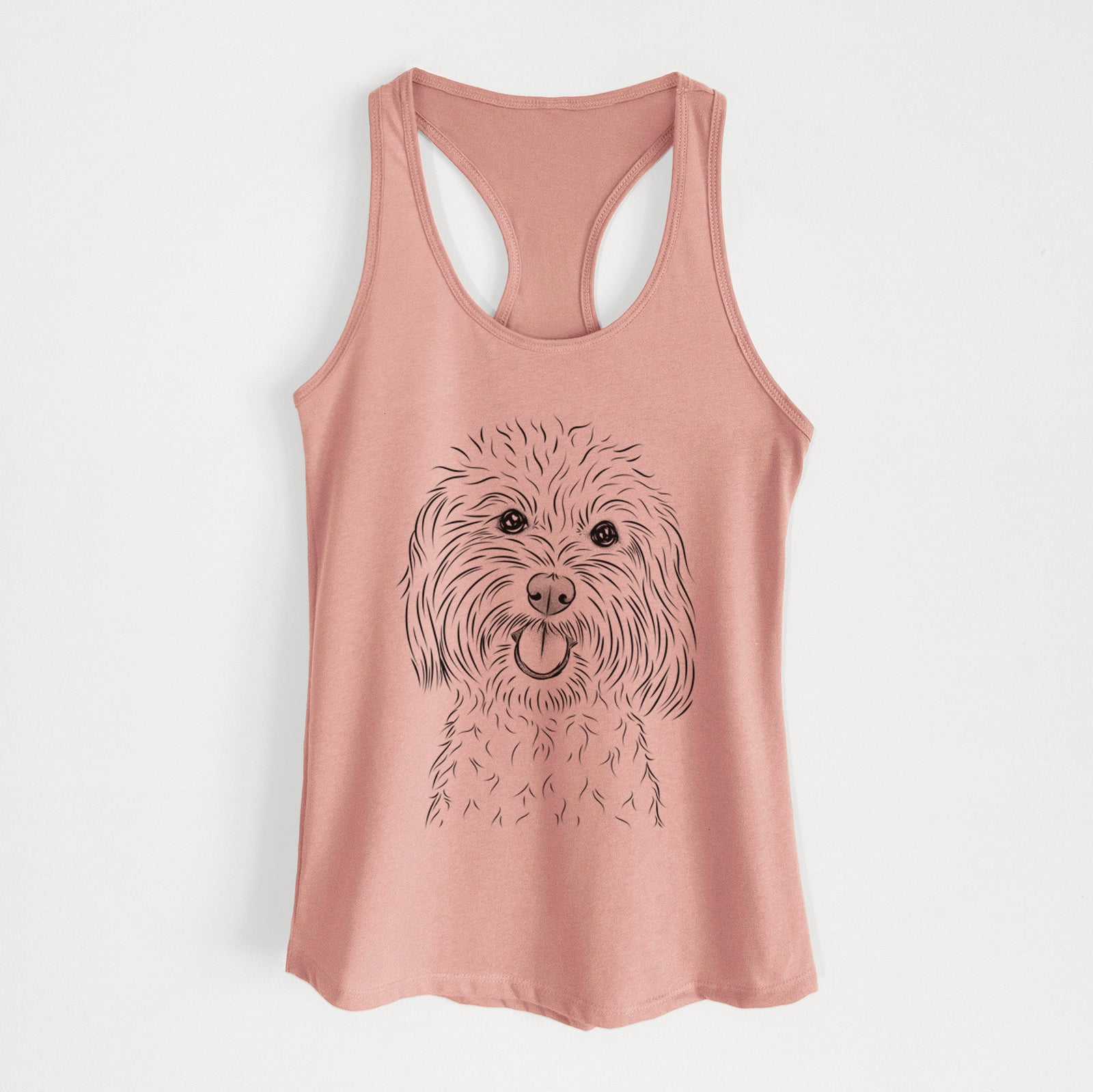 Hand-drawn sketch of Cuddles the Coton de Tulear on a Desert Pink Women's racerback tanktop