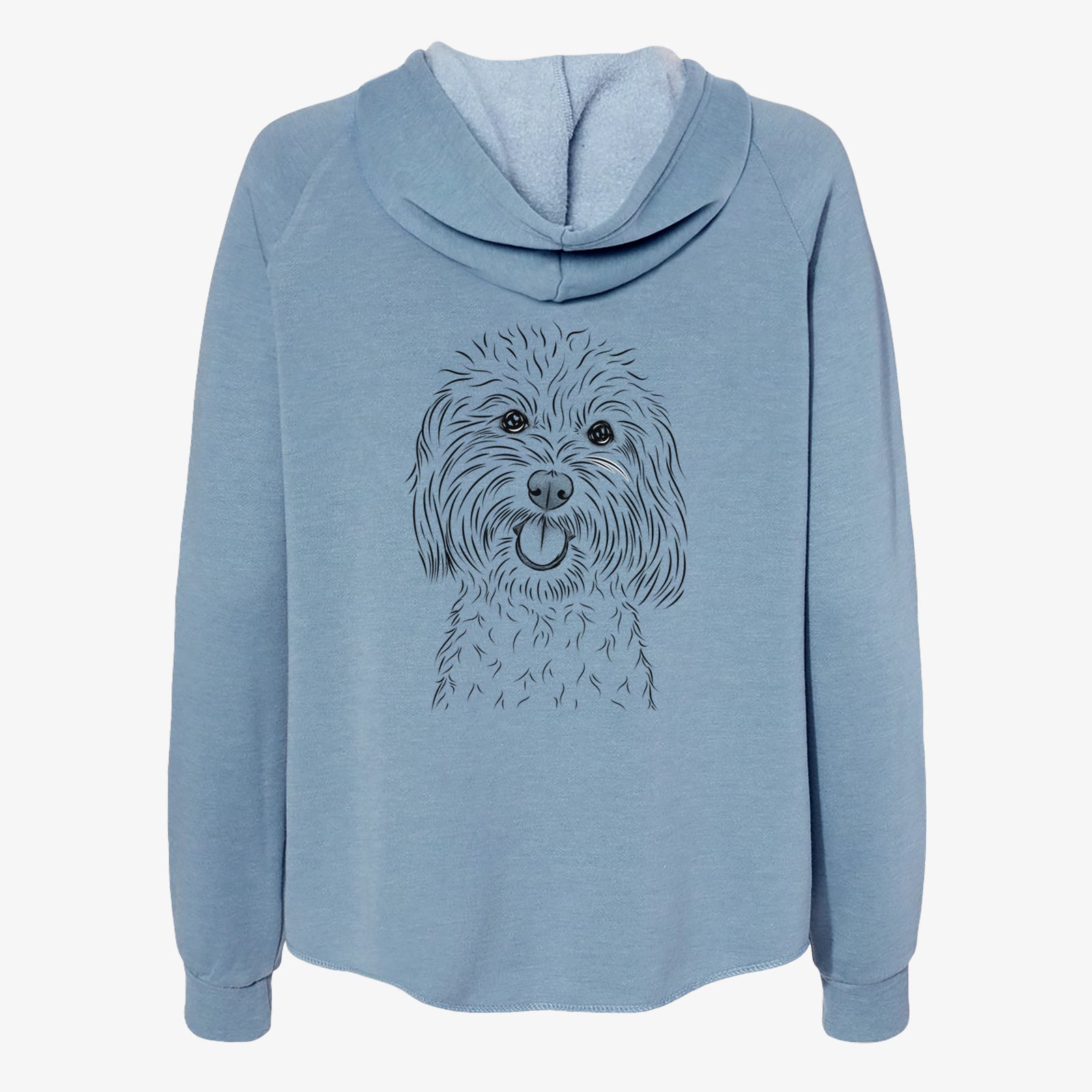 Hand-drawn sketch of Cuddles the Coton de Tulear on a Misty Blue Women's cali wave zip-up sweatshirt