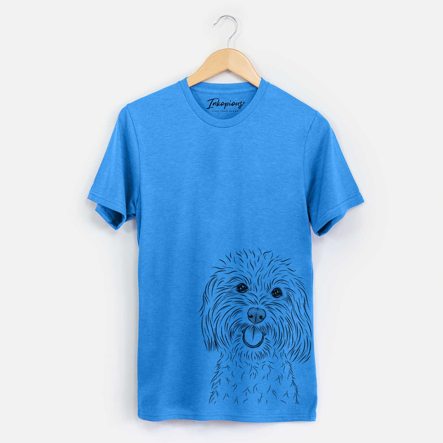 Hand-drawn sketch of Cuddles the Coton de Tulear on a Blue Unisex crewneck
