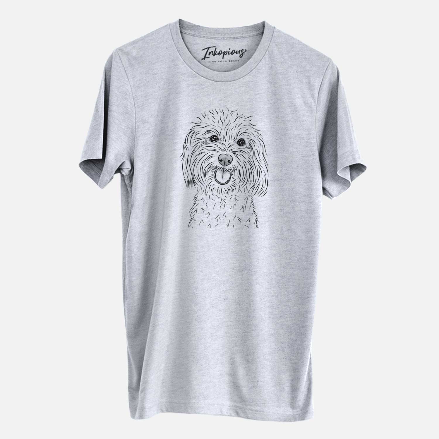 Hand-drawn sketch of Cuddles the Coton de Tulear on a Grey Unisex crewneck
