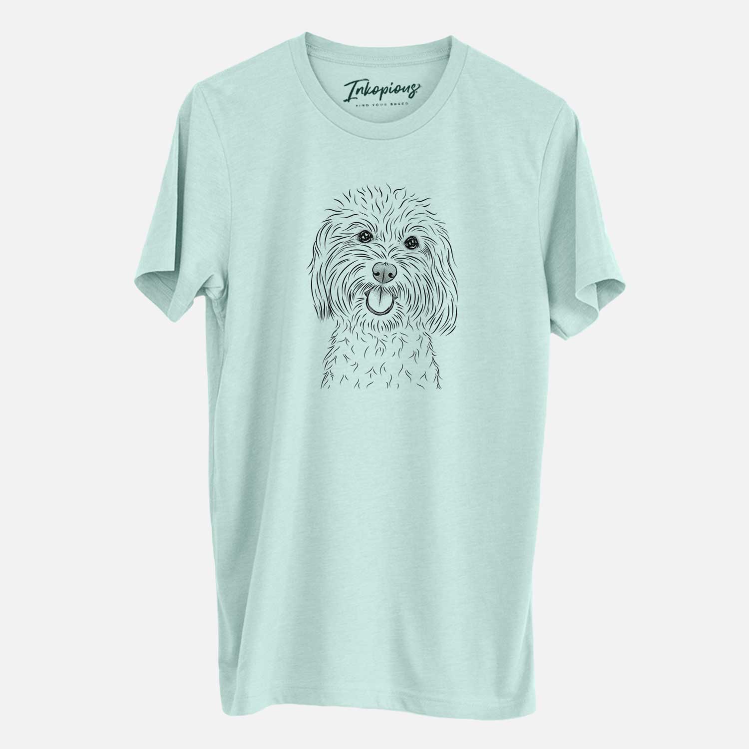Hand-drawn sketch of Cuddles the Coton de Tulear on a Heather Sage Unisex crewneck