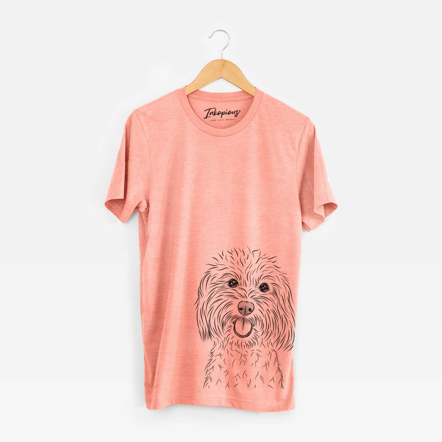 Hand-drawn sketch of Cuddles the Coton de Tulear on a Sunset Unisex crewneck