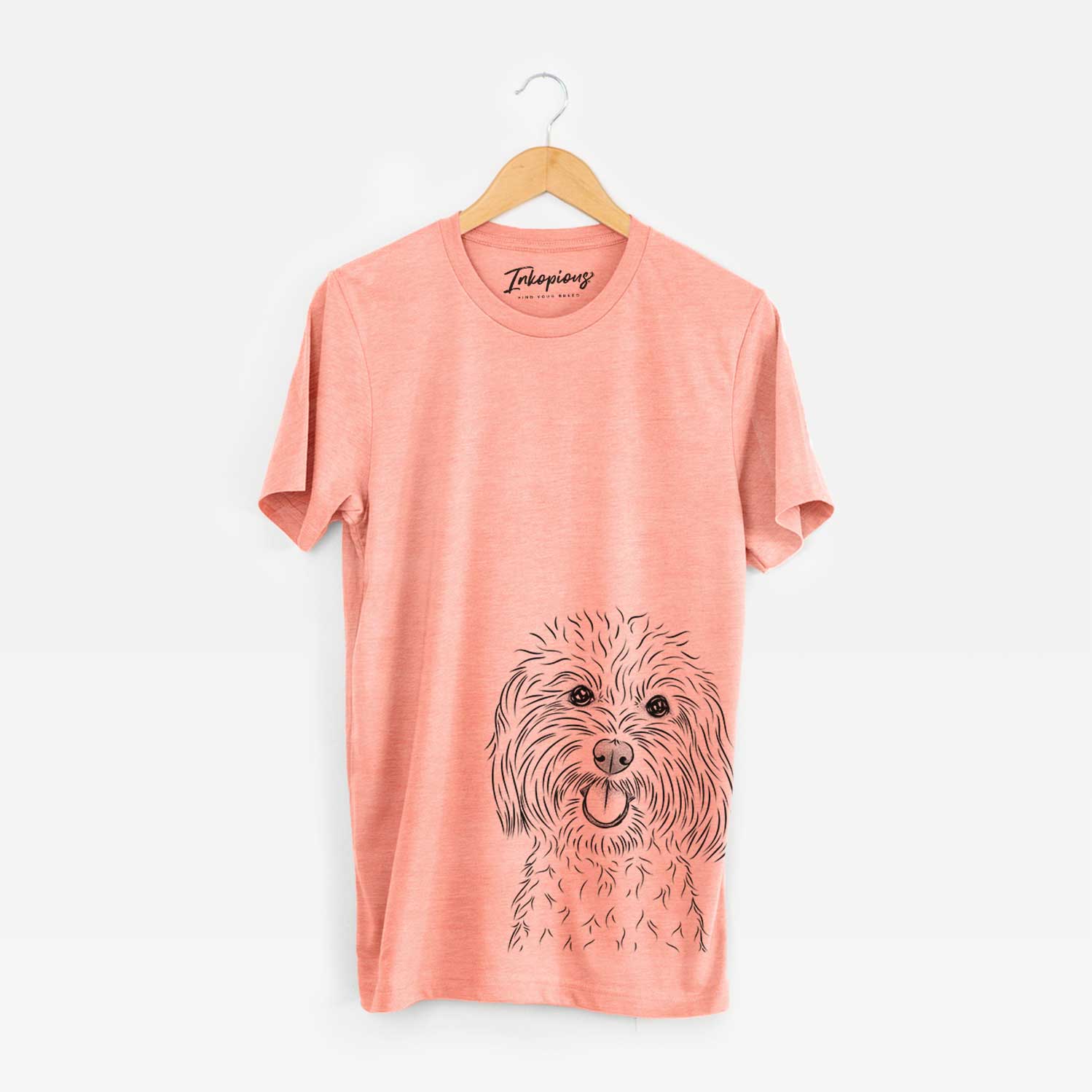 Hand-drawn sketch of Cuddles the Coton de Tulear on a Sunset Bella Canvas Unisex Crewneck