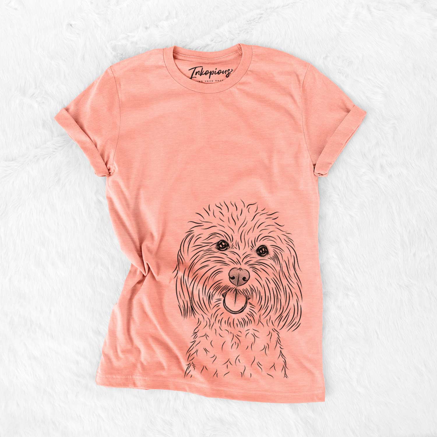Hand-drawn sketch of Cuddles the Coton de Tulear on a Sunset Bella Canvas Unisex Crewneck