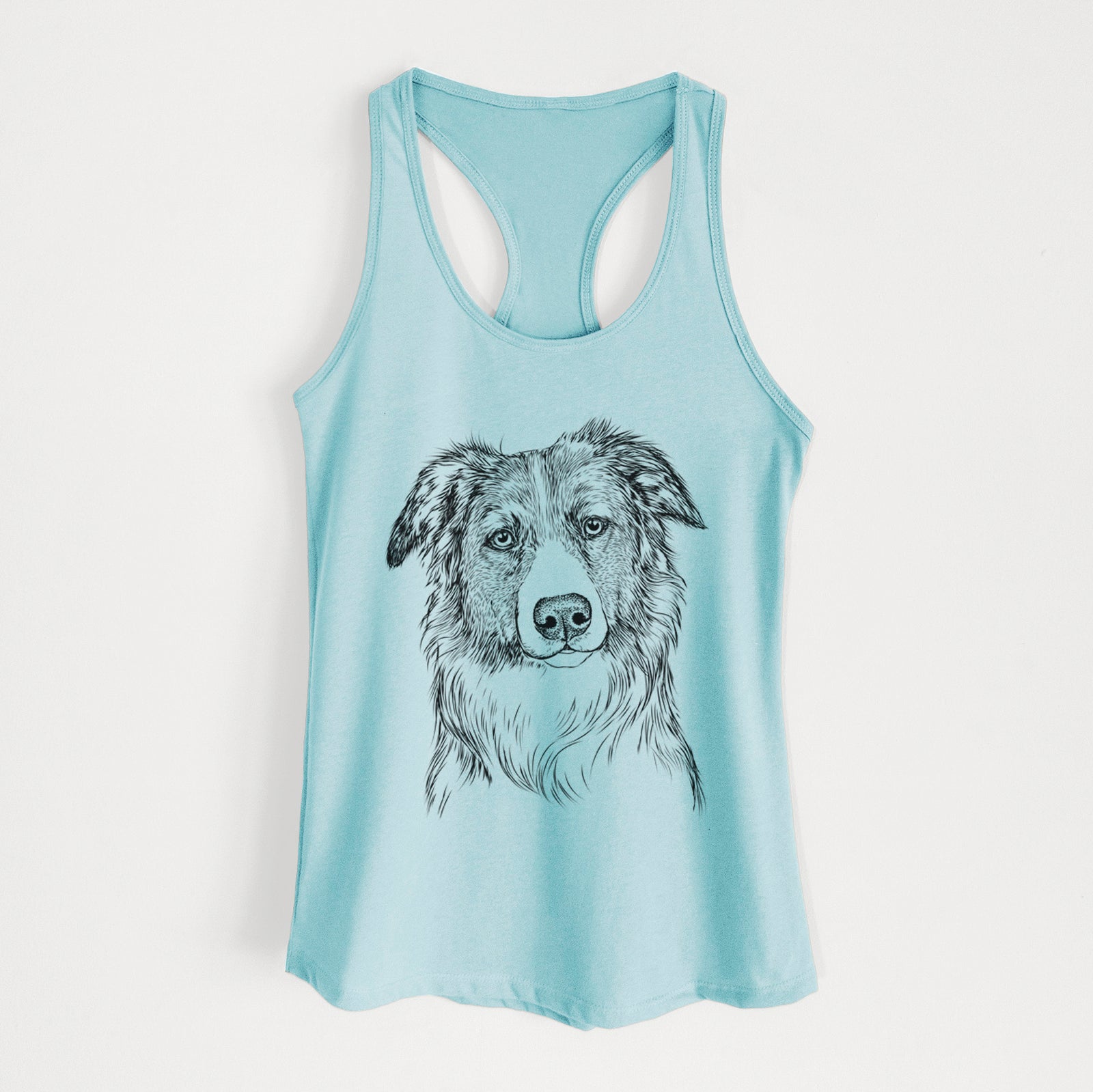 Hand-drawn sketch of Cynder the English Shepherd on a Cancun Blue Women's racerback tanktop