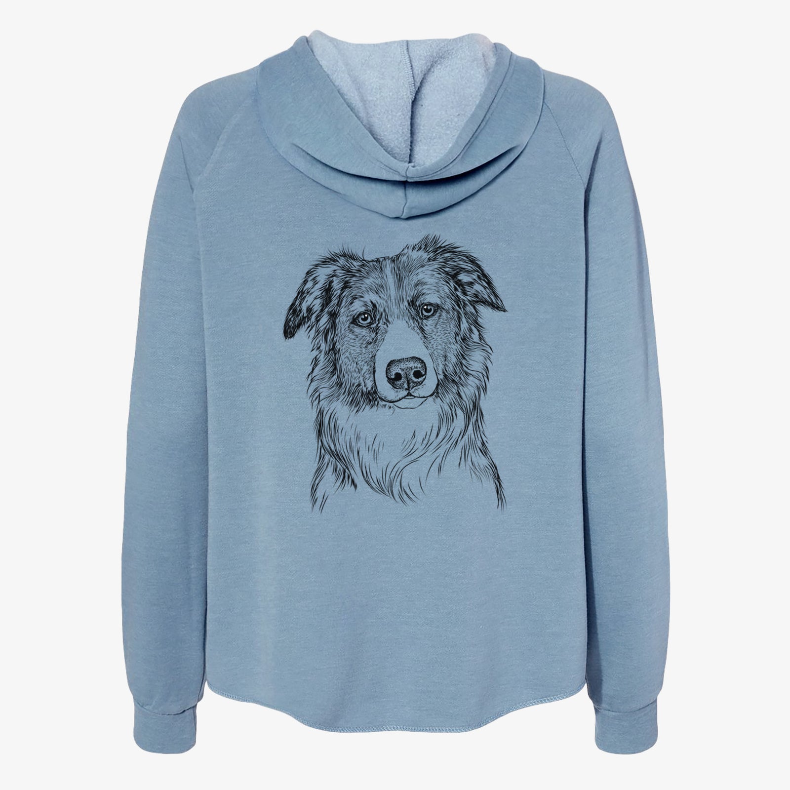 Hand-drawn sketch of Cynder the English Shepherd on a Misty Blue Women's cali wave zip-up sweatshirt