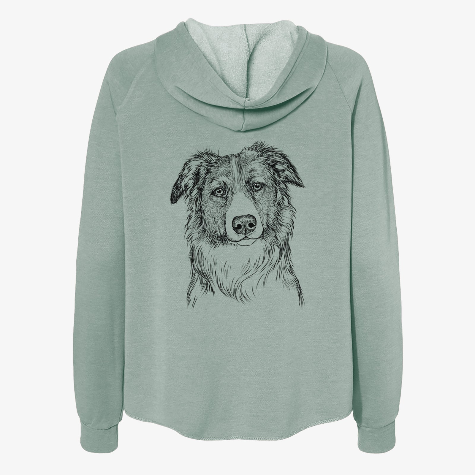Hand-drawn sketch of Cynder the English Shepherd on a Sage Women's cali wave zip-up sweatshirt