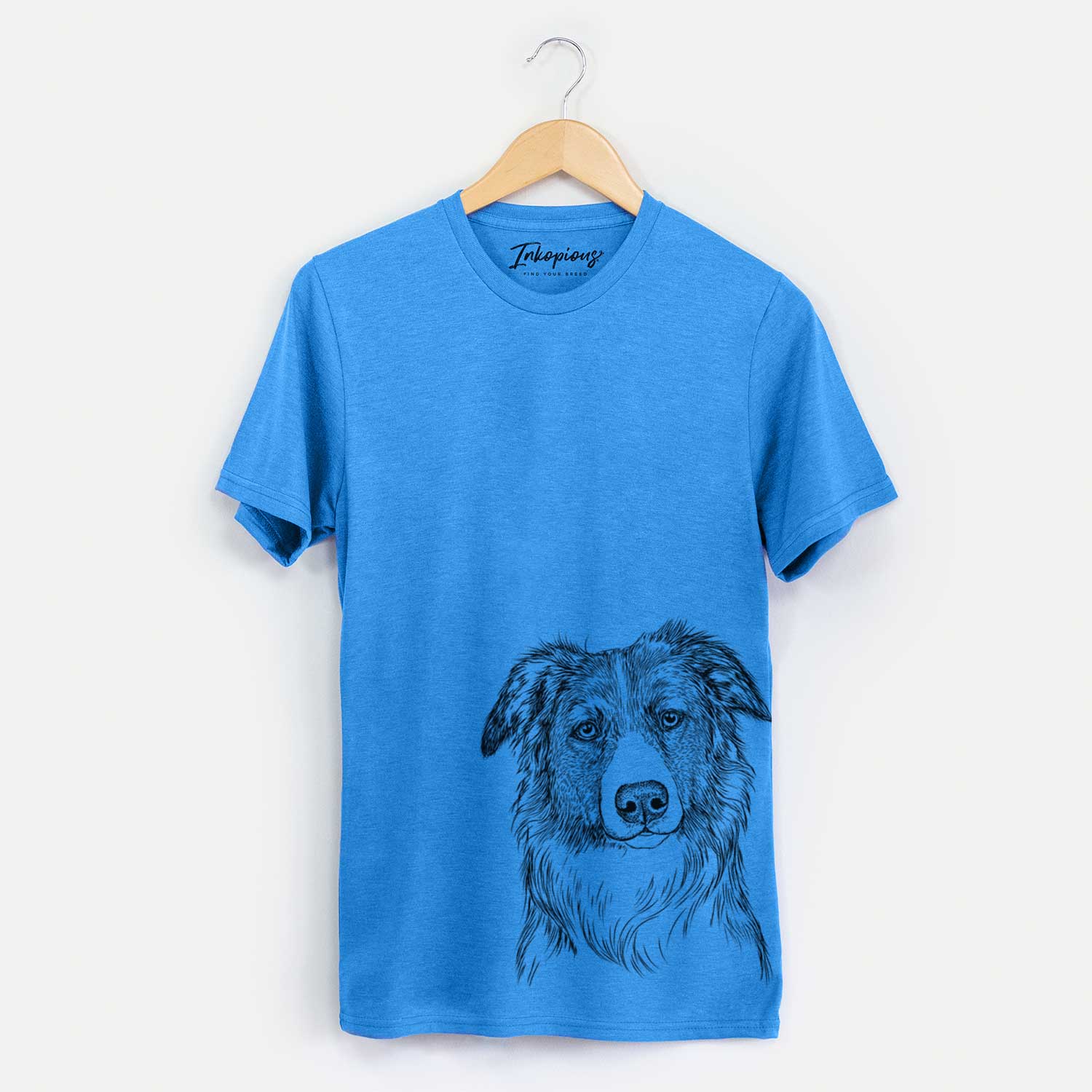 Hand-drawn sketch of Cynder the English Shepherd on a Blue Unisex crewneck